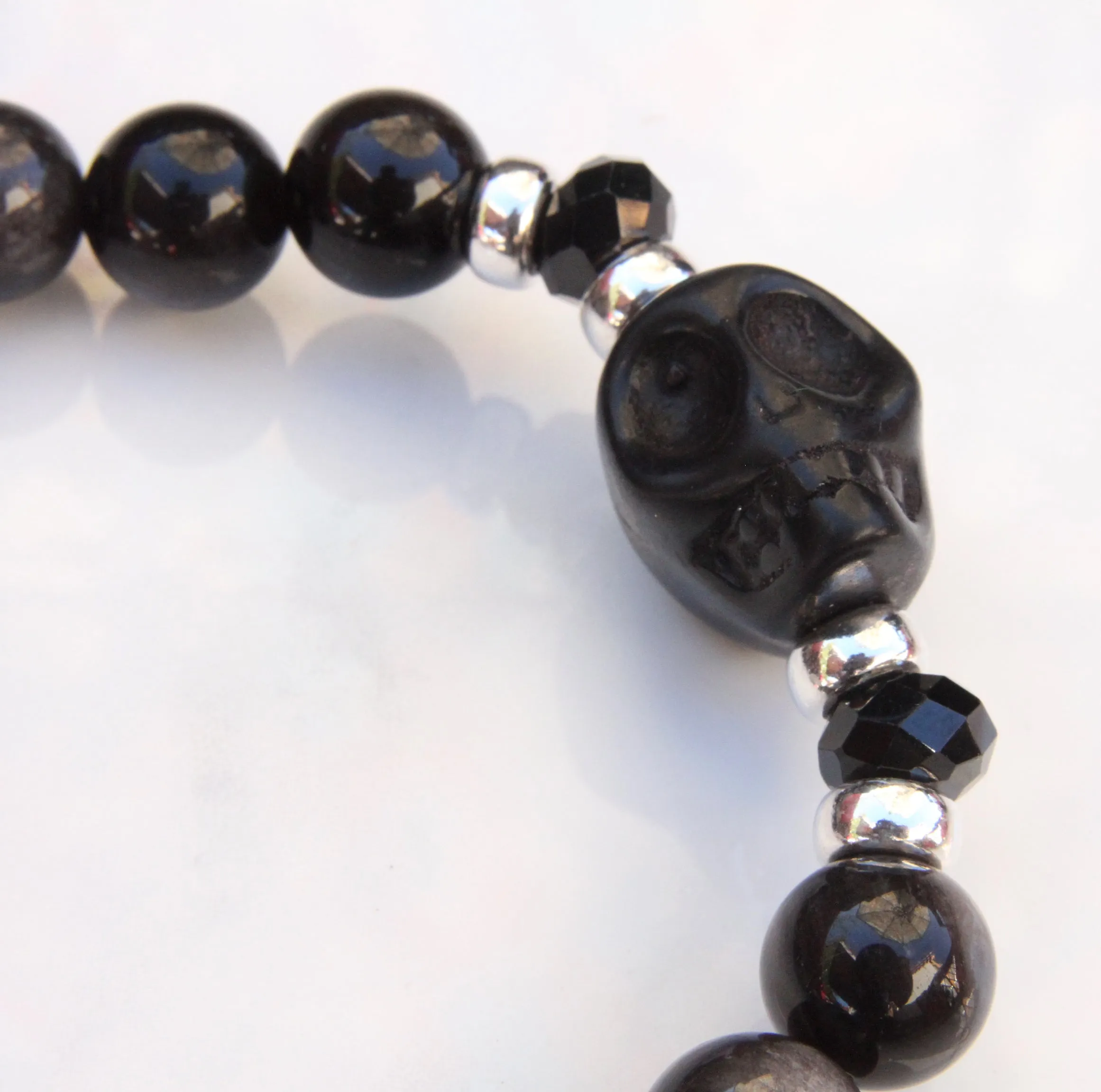 Silver Obsidian, Black Spinel gemstone, Sterling Silver, Howlite Skull, and Tourmaline Quartz Bracelet