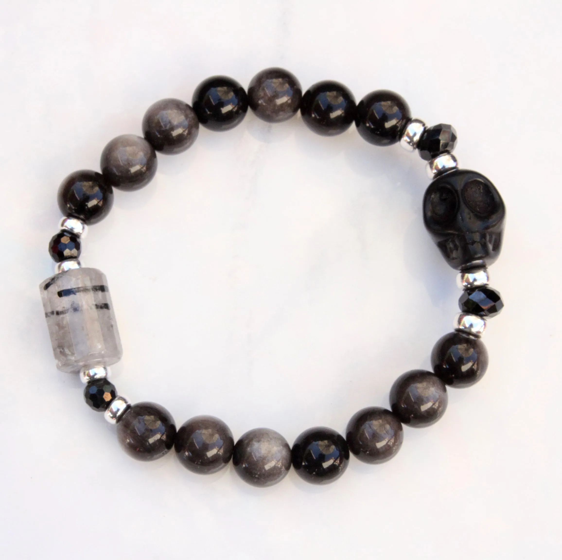 Silver Obsidian, Black Spinel gemstone, Sterling Silver, Howlite Skull, and Tourmaline Quartz Bracelet