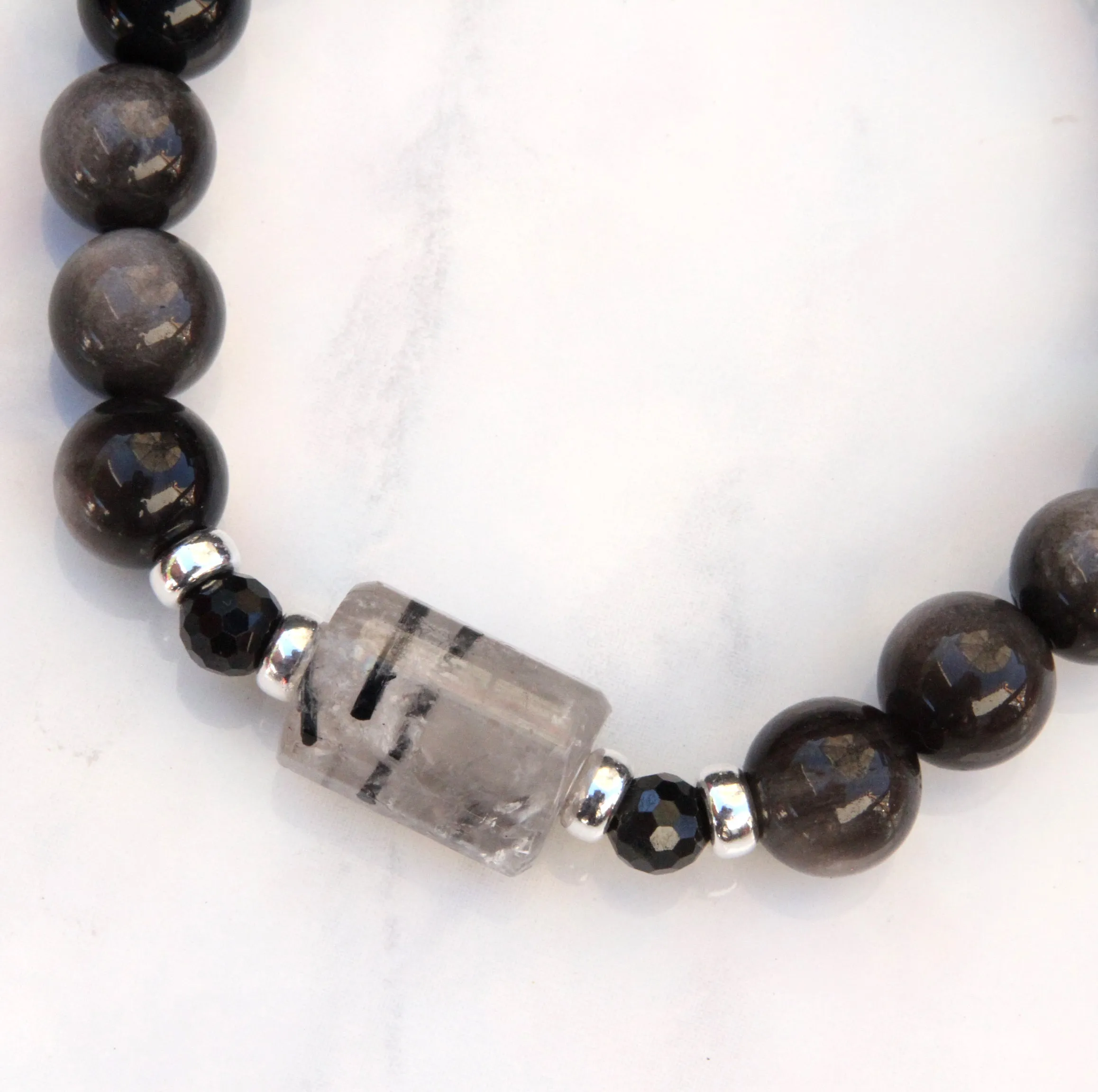 Silver Obsidian, Black Spinel gemstone, Sterling Silver, Howlite Skull, and Tourmaline Quartz Bracelet