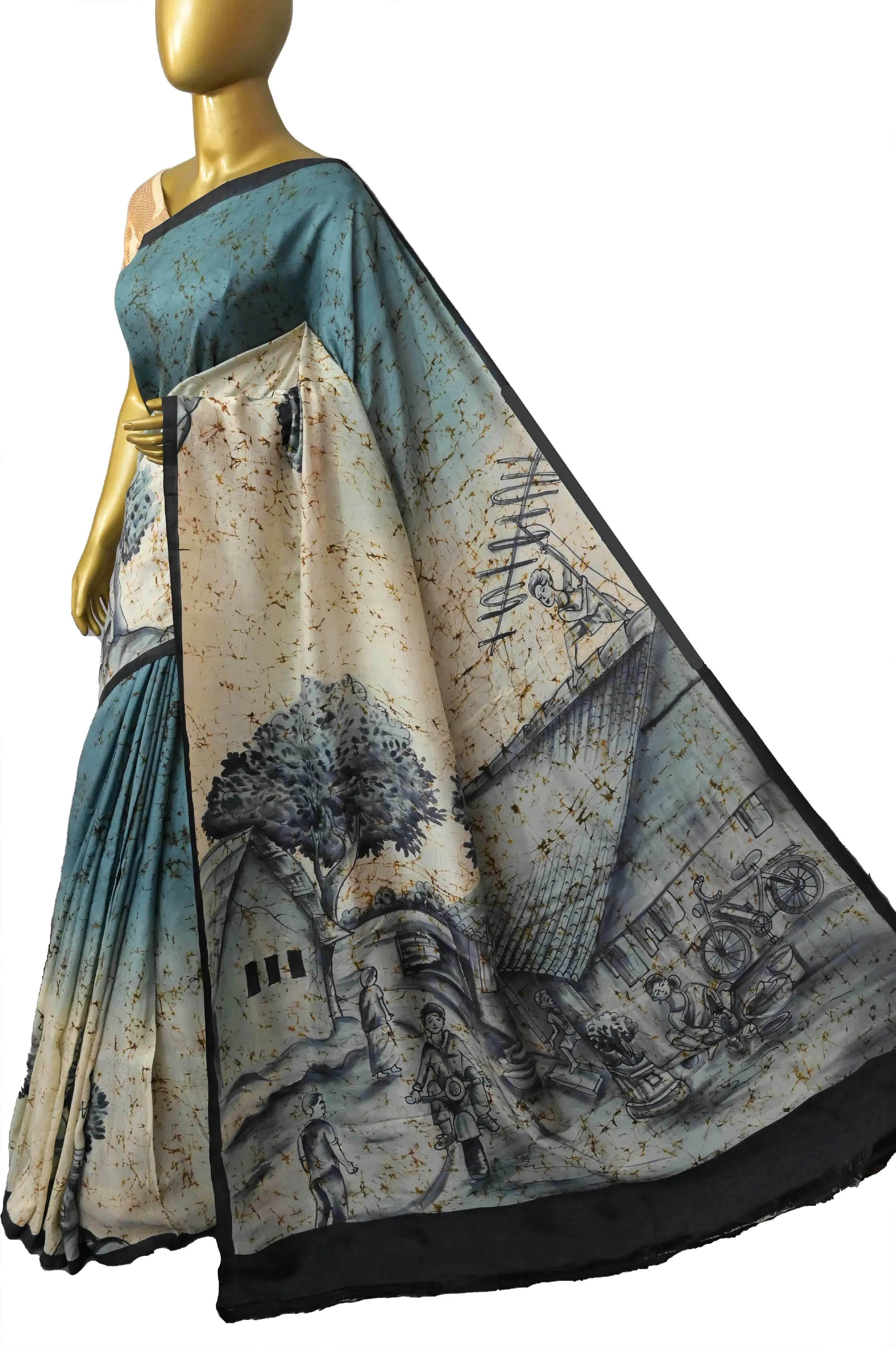 Slate Green and Black Color Pure Bishnupur Silk Saree with Hand Painting and Wax Batik Work