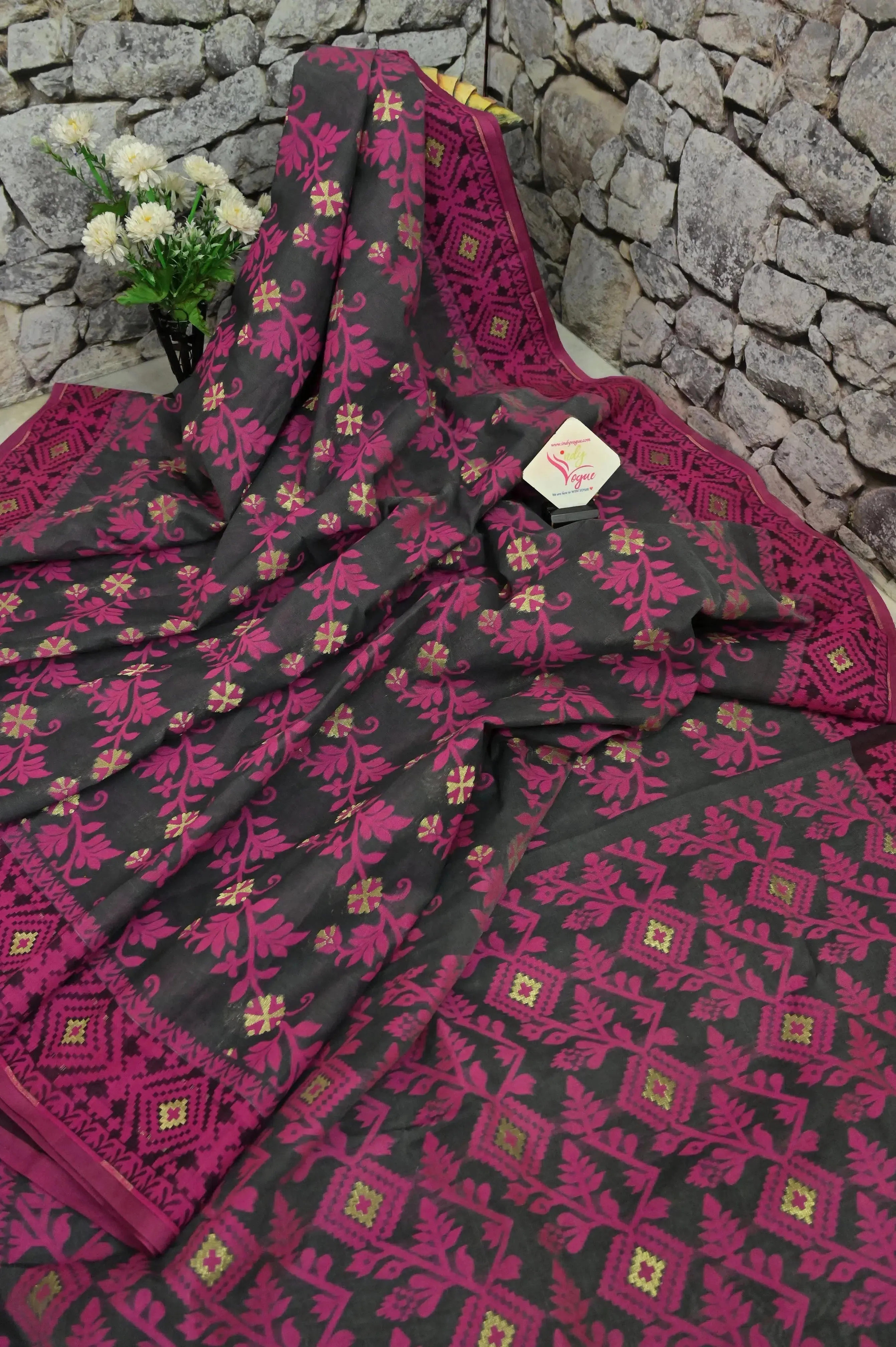 Slate Grey Color Jamdani Saree with Magenta Color Thread Weaving