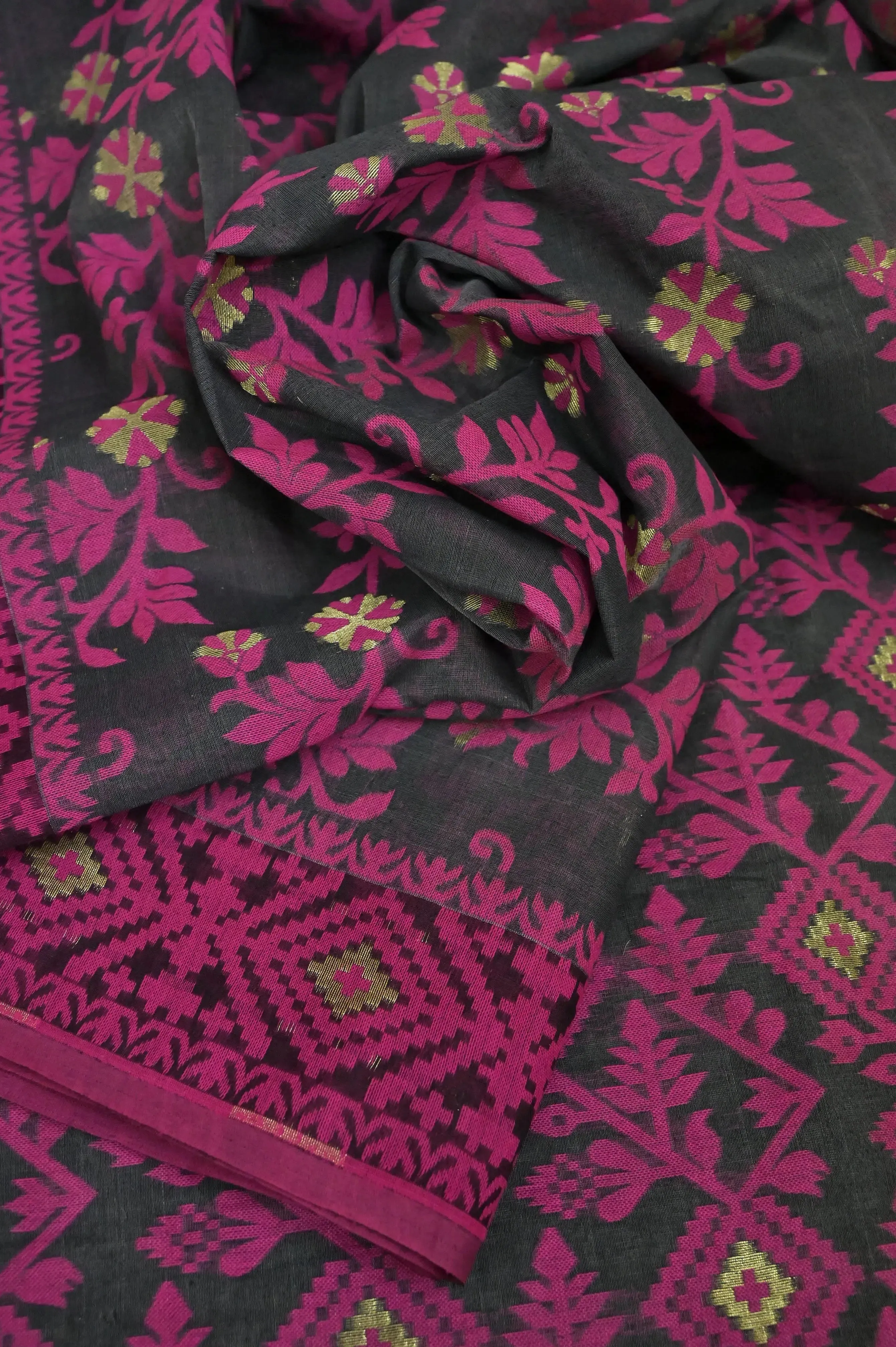 Slate Grey Color Jamdani Saree with Magenta Color Thread Weaving