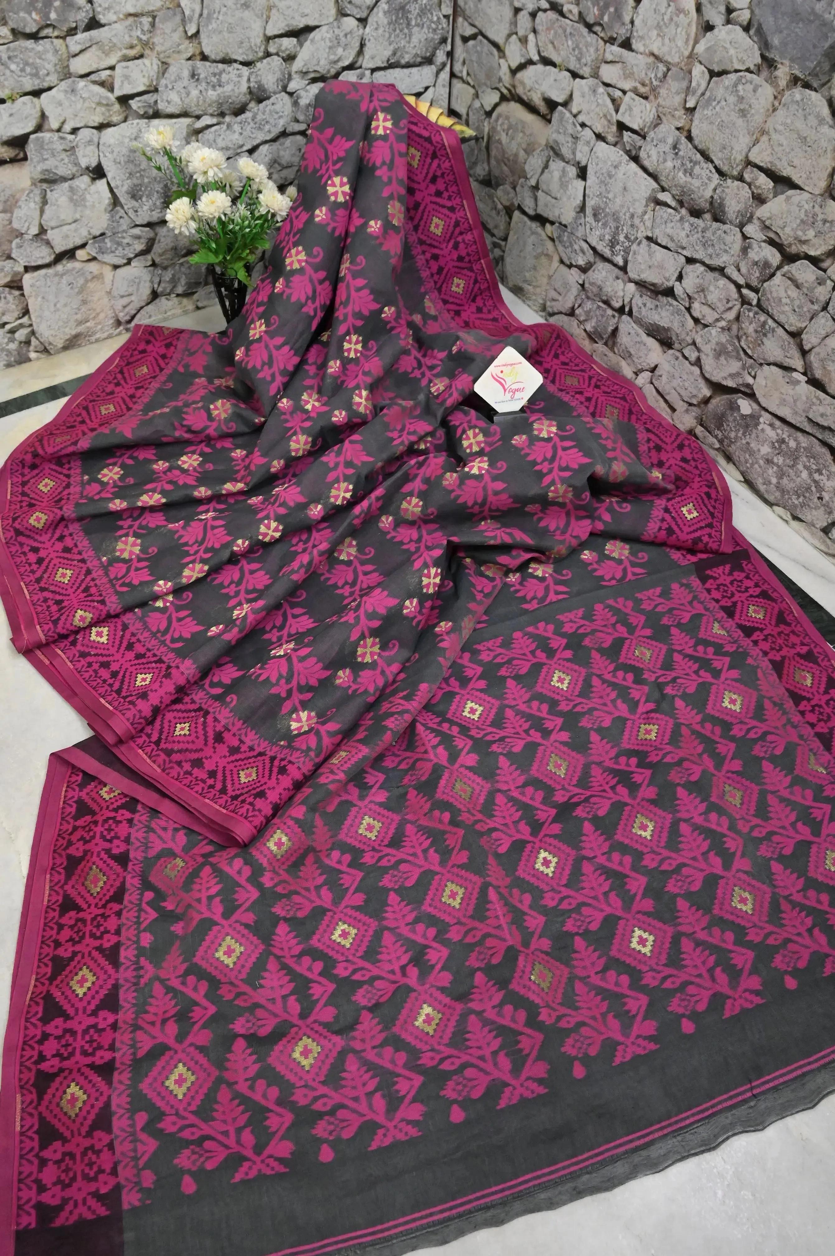 Slate Grey Color Jamdani Saree with Magenta Color Thread Weaving