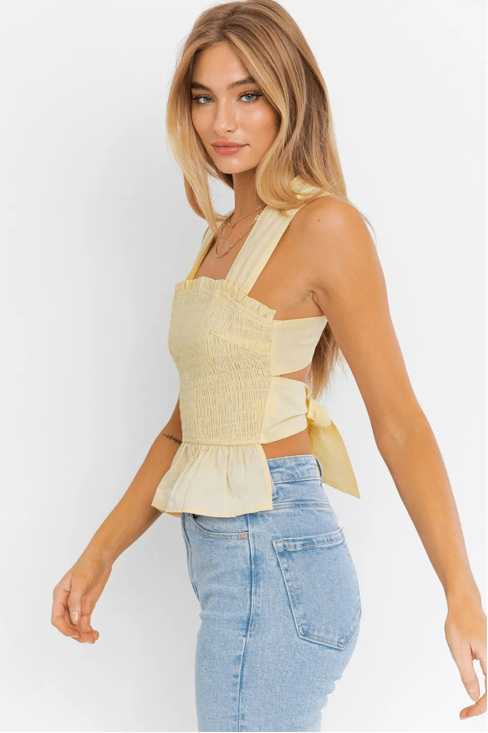 Smocked Peplum Top with Crisscross Back