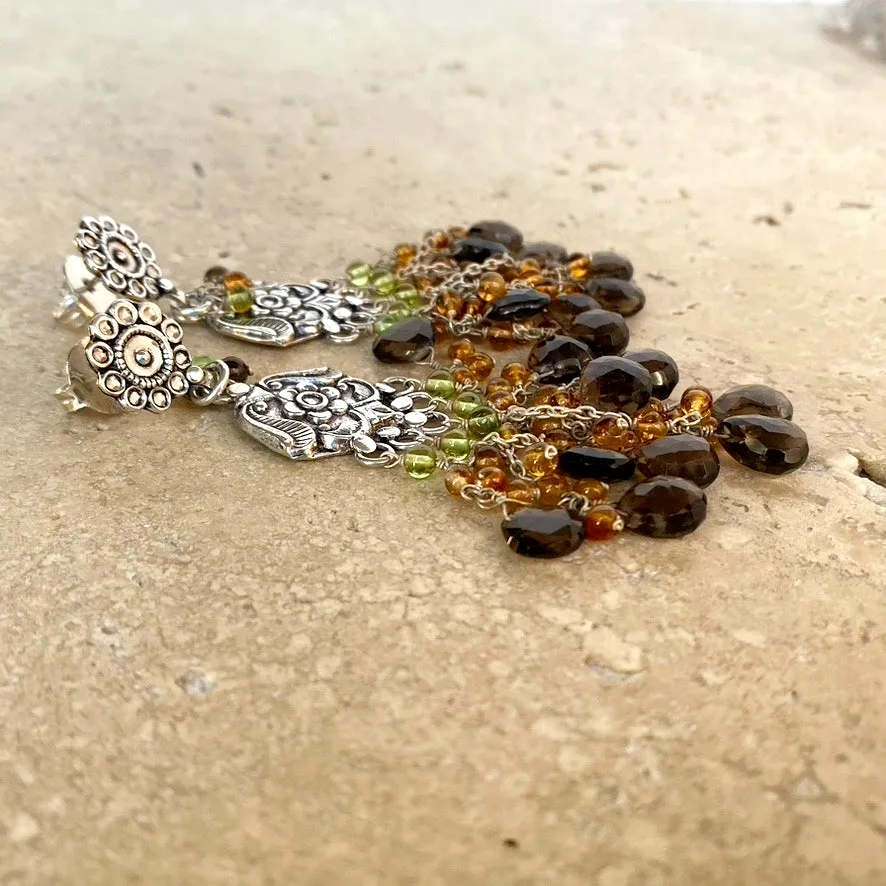 Smoky Quartz, Citrine & Peridot Silver Beaded Earrings - Bukhara