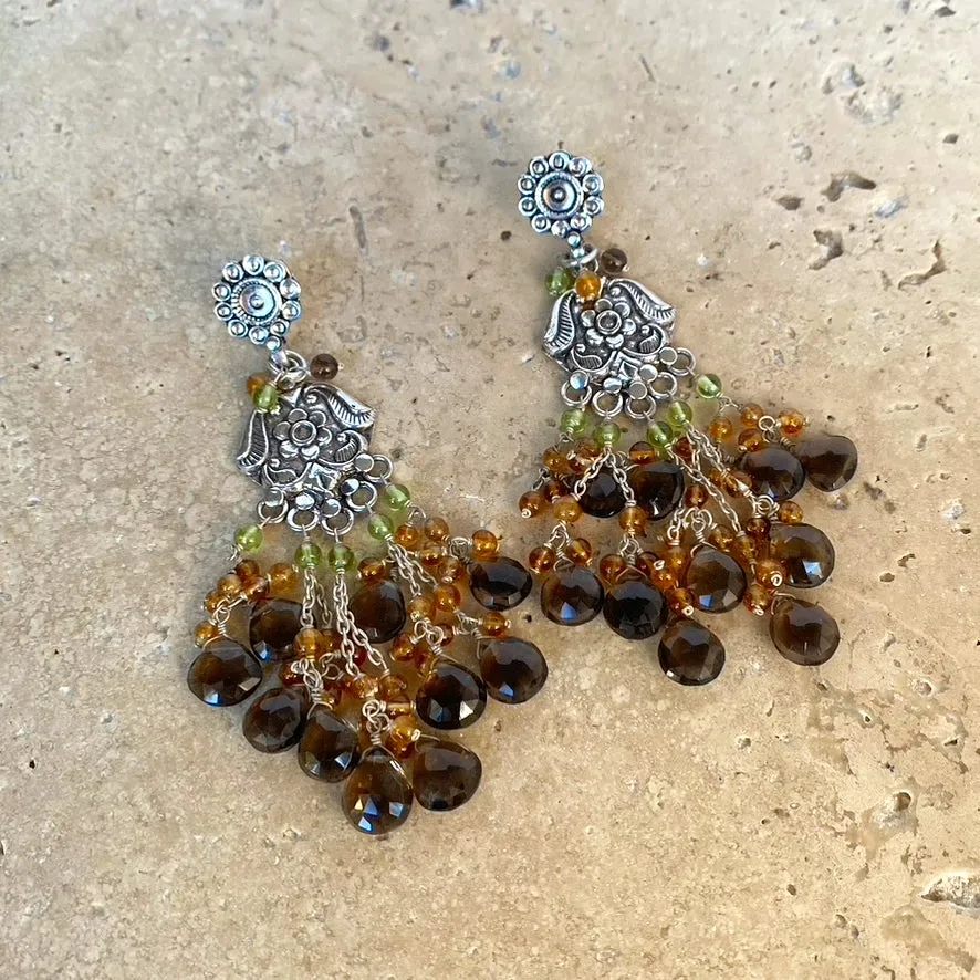 Smoky Quartz, Citrine & Peridot Silver Beaded Earrings - Bukhara