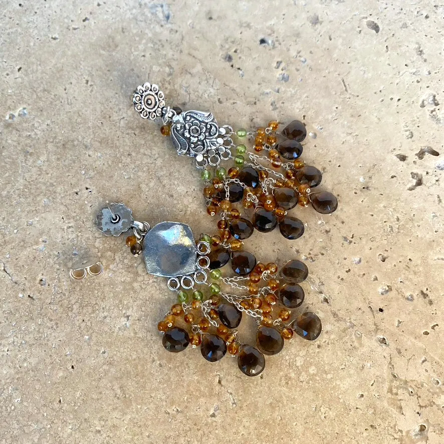 Smoky Quartz, Citrine & Peridot Silver Beaded Earrings - Bukhara