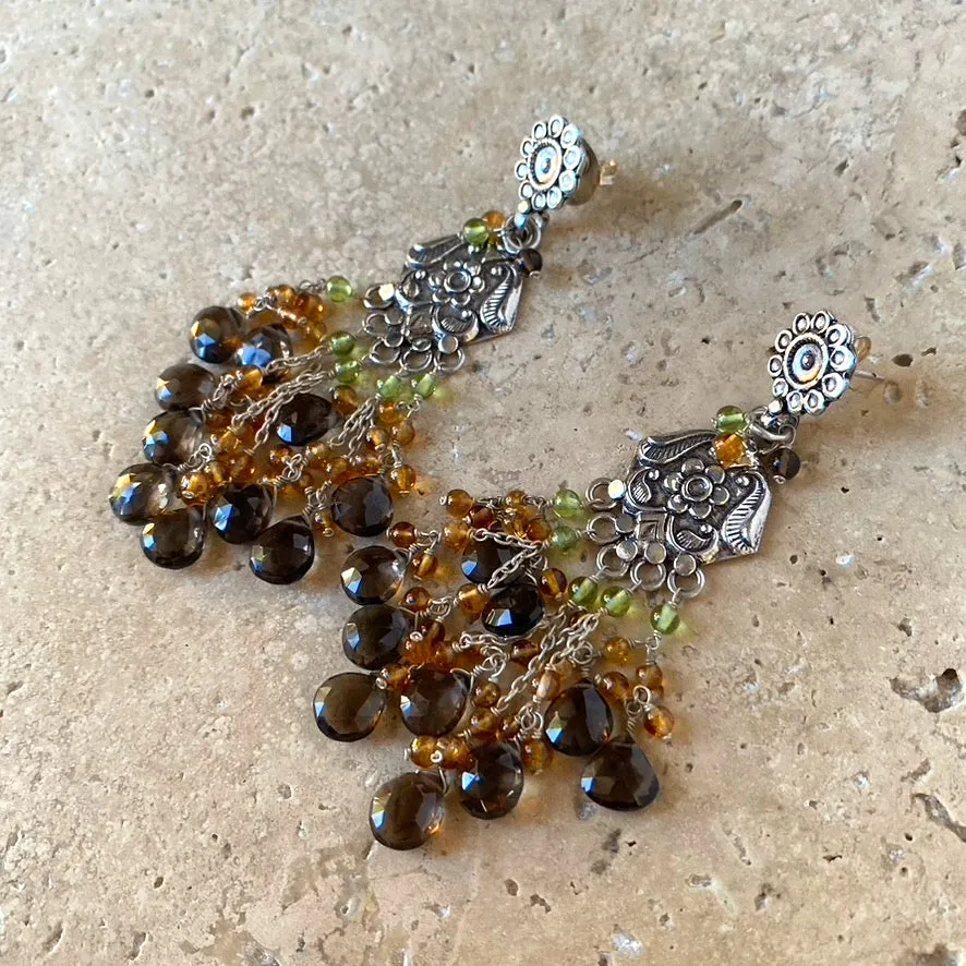 Smoky Quartz, Citrine & Peridot Silver Beaded Earrings - Bukhara