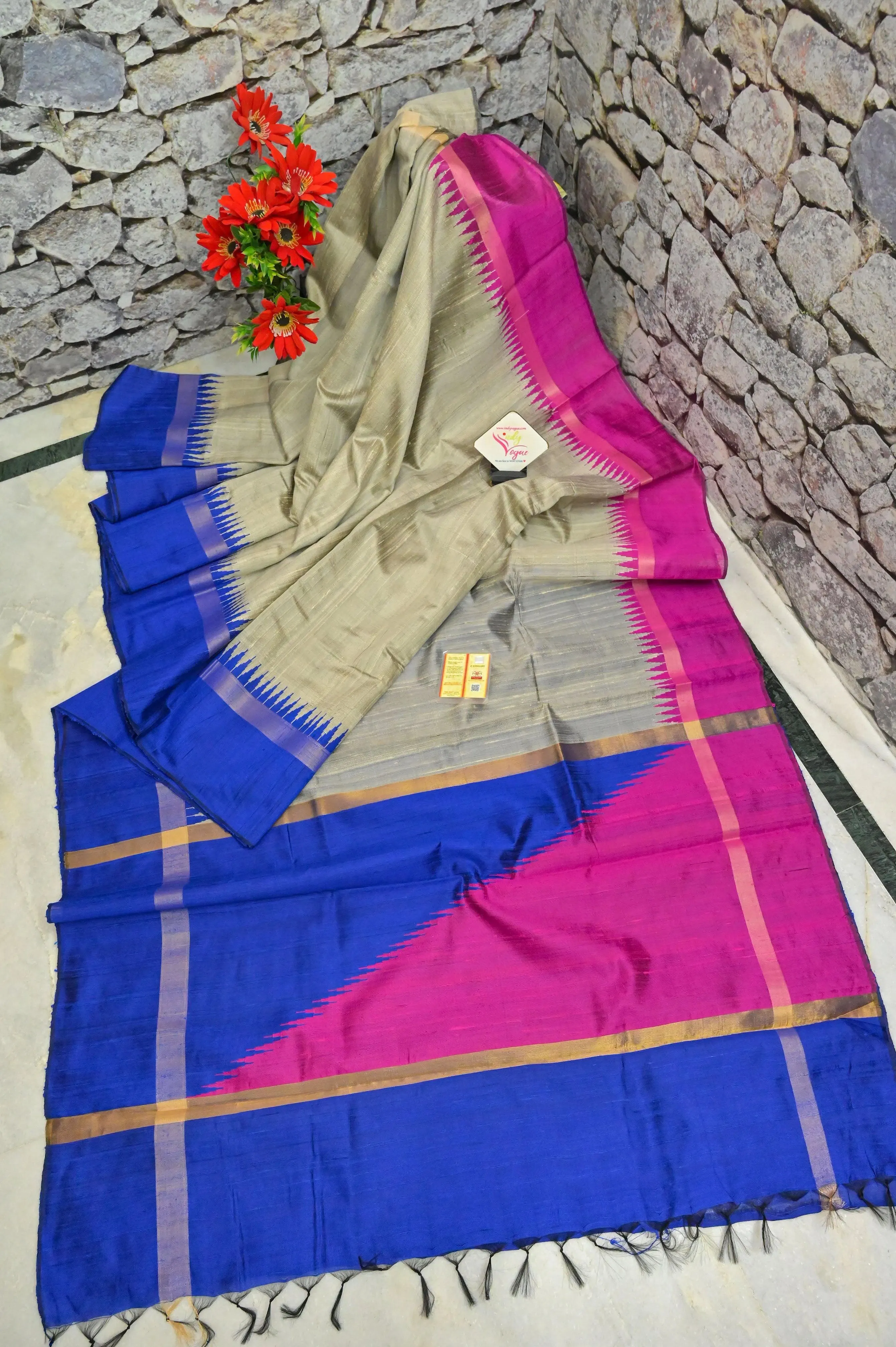 Steel Grey Color Raw Silk Saree with Ganga Jamuna Border