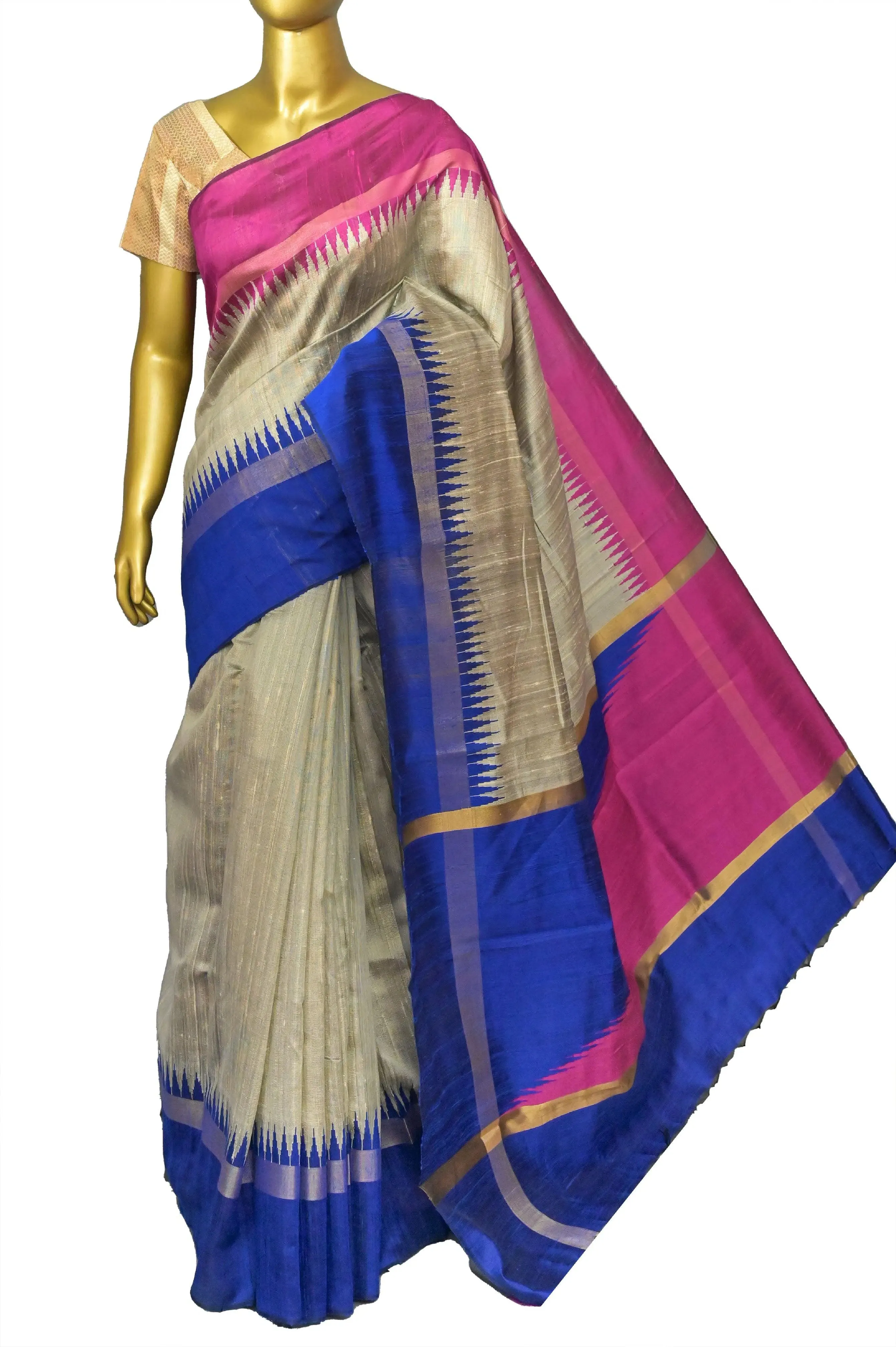 Steel Grey Color Raw Silk Saree with Ganga Jamuna Border