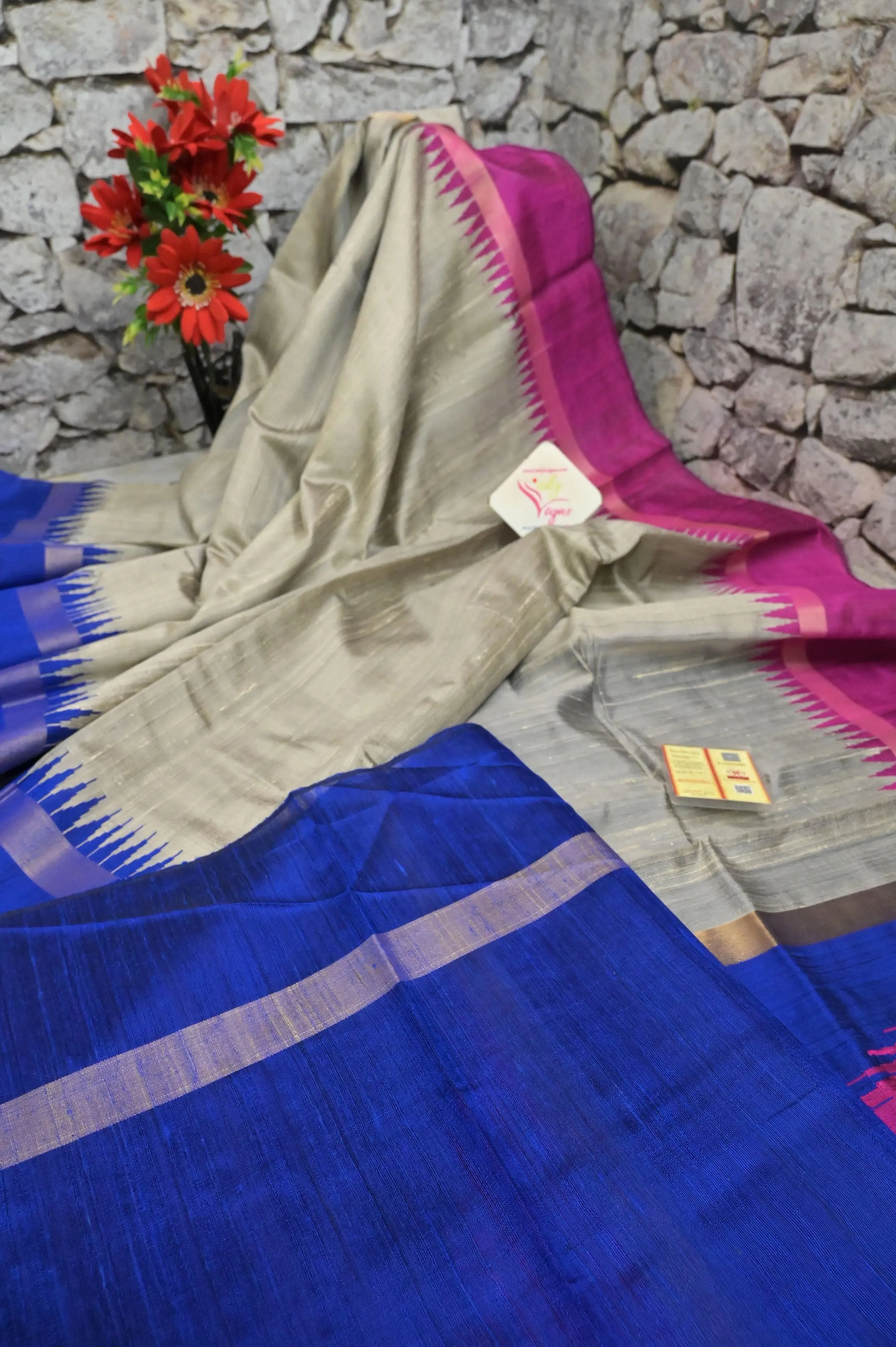 Steel Grey Color Raw Silk Saree with Ganga Jamuna Border