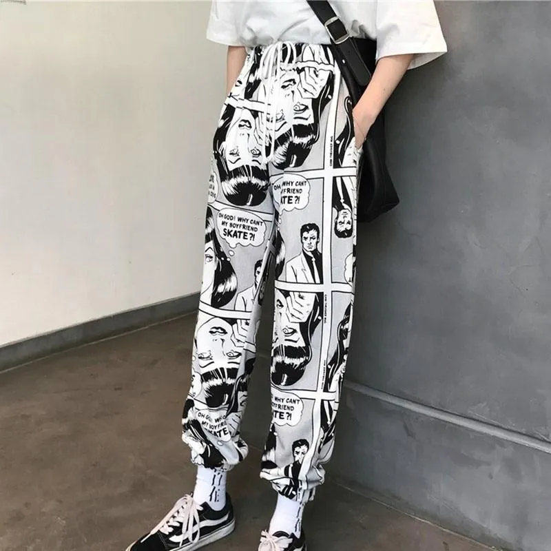 Stylish Cartoon Print Drawstring Elastic Waist Hip Hop Long Pants High Waist