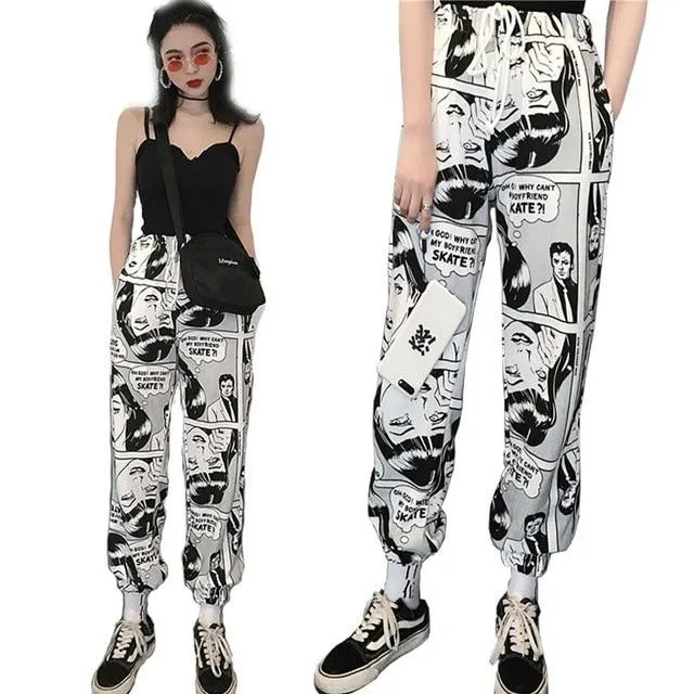 Stylish Cartoon Print Drawstring Elastic Waist Hip Hop Long Pants High Waist