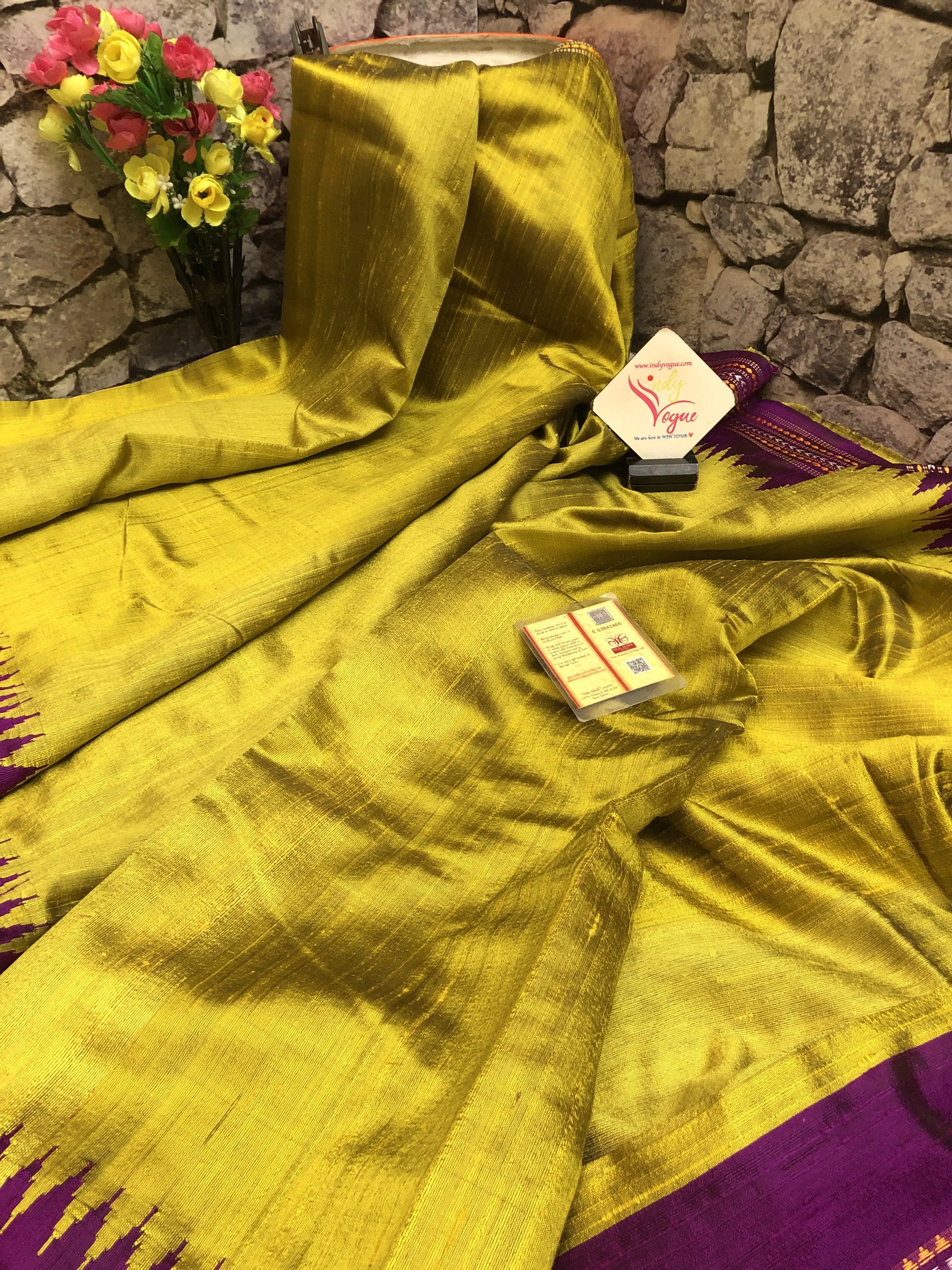 Sulphur Spring Color Pure Raw Silk Saree with Vidarbha Border