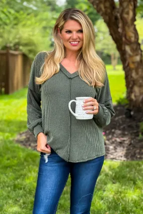 Take The Time Thermal Ribbed Top : Olive