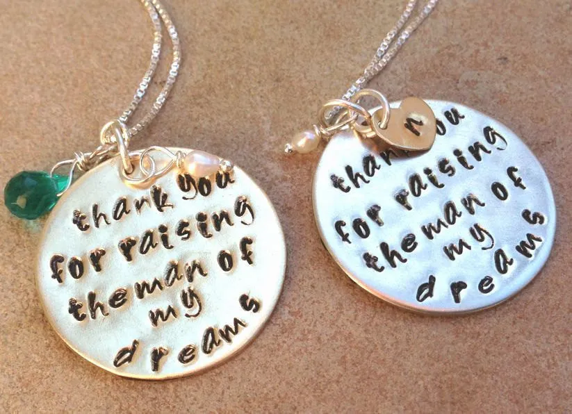 thank you for raising the man of my dreams, mom necklace, mother in law necklace, wedding,bridal, hand stamped jewelry, wedding gift