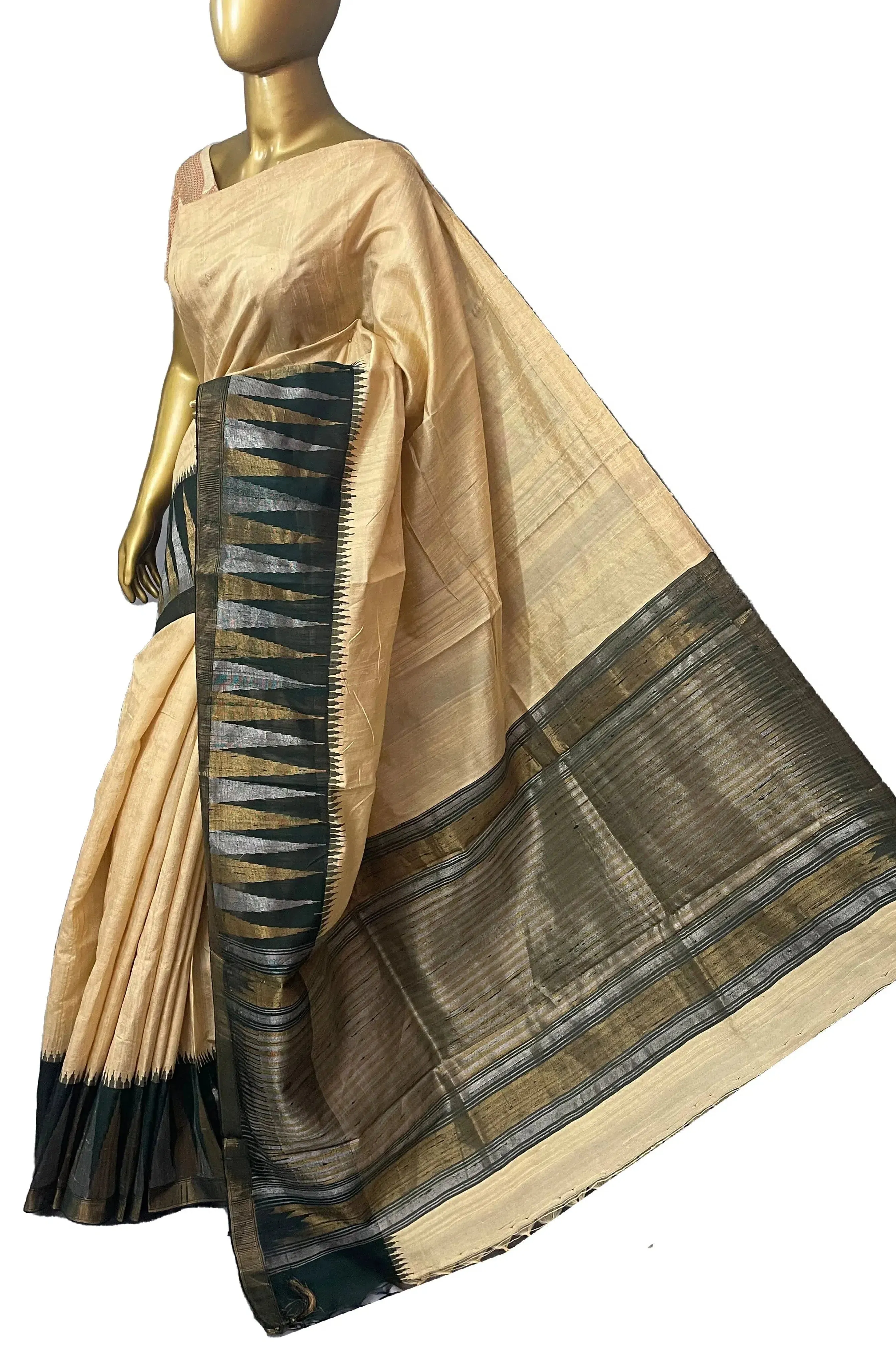 Tussar and Dark Green Color Pure Raw Silk Saree with Temple Border