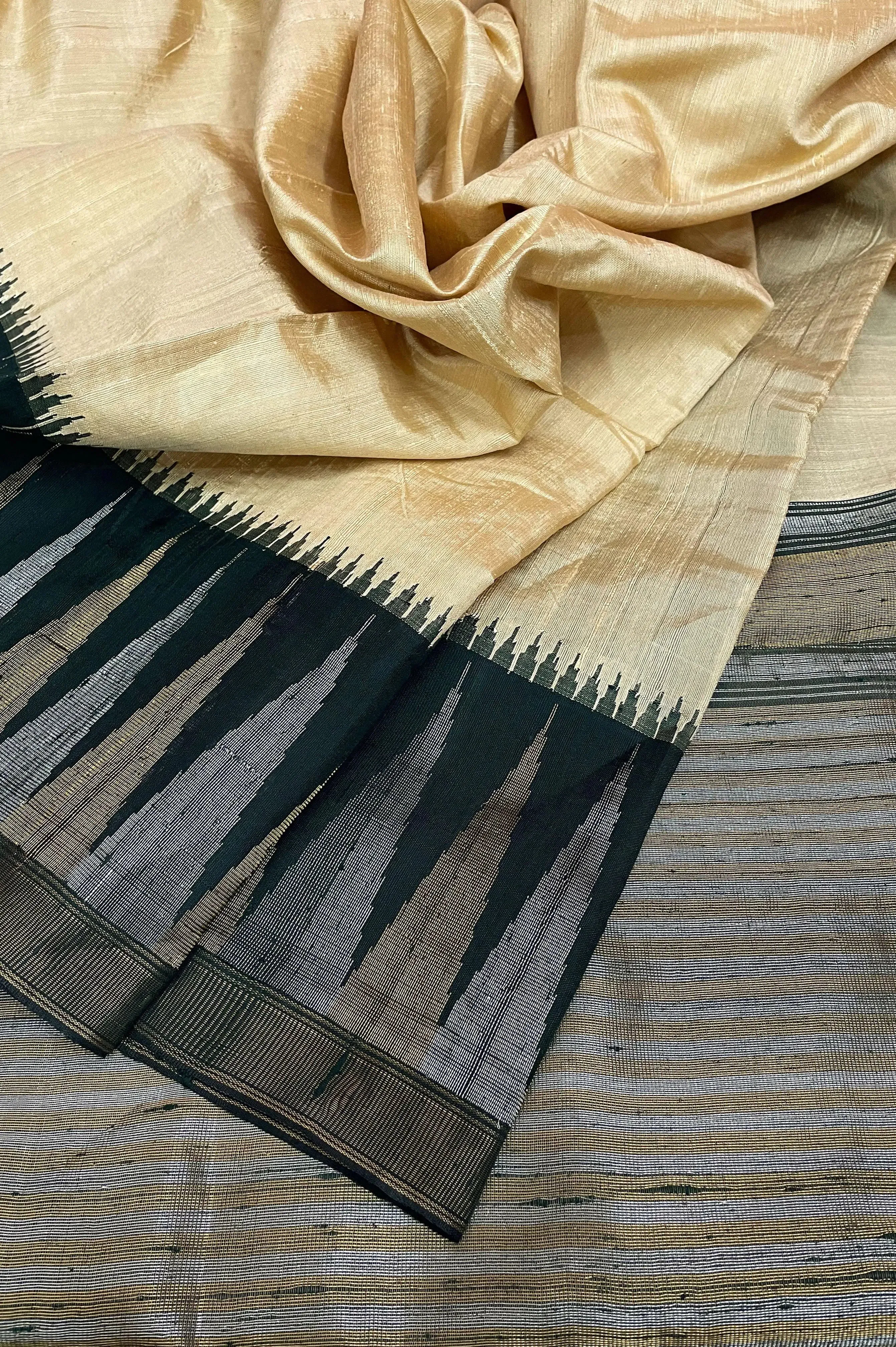 Tussar and Dark Green Color Pure Raw Silk Saree with Temple Border