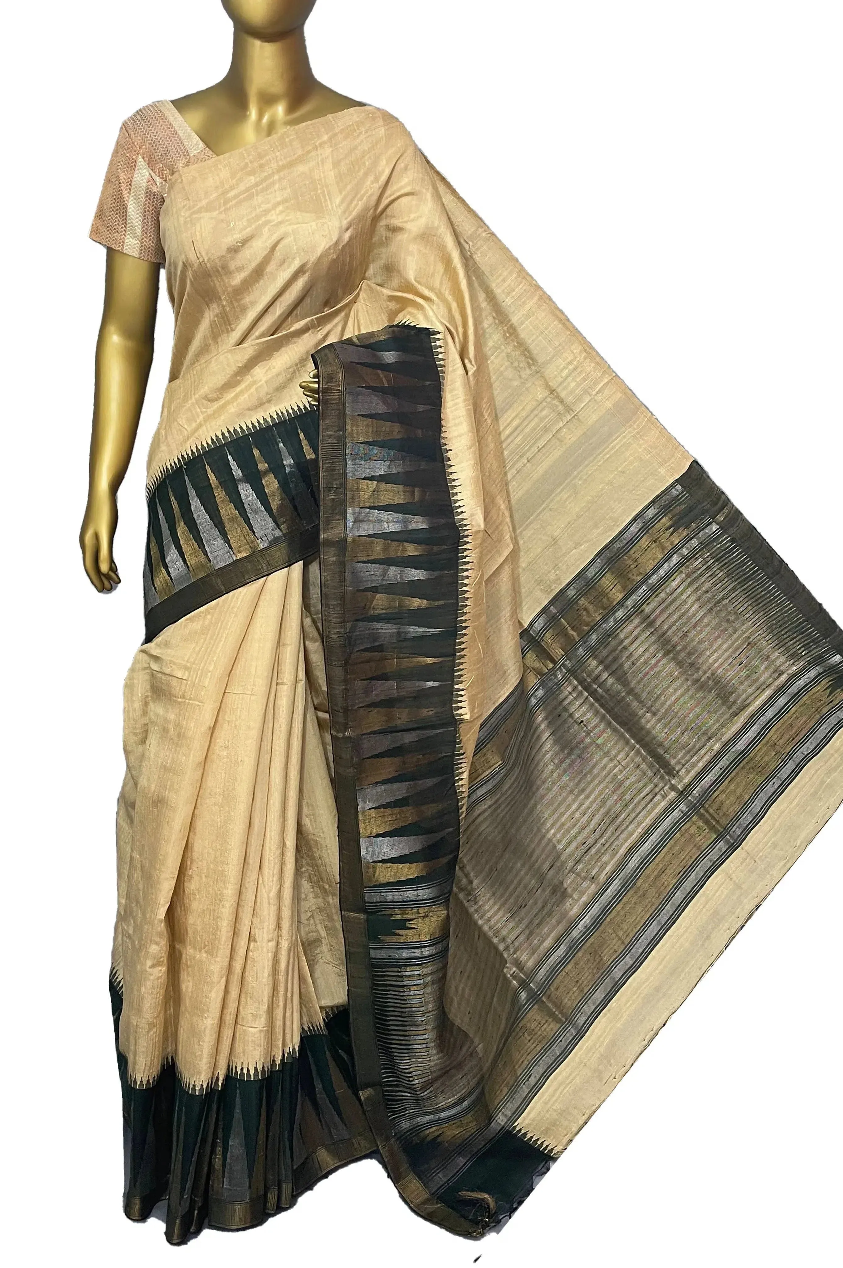 Tussar and Dark Green Color Pure Raw Silk Saree with Temple Border