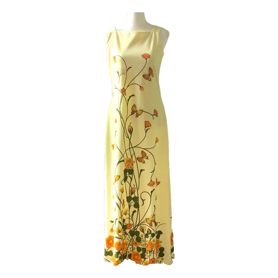 Vintage Shaheen Yellow Floral Maxi Dress with a Large Butterfly Flower Print. Perfect Summer Dress!