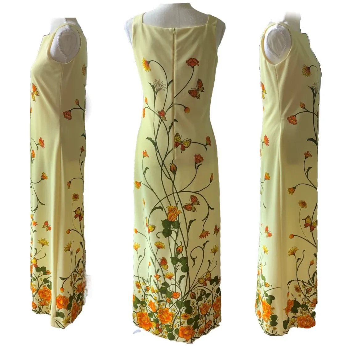 Vintage Shaheen Yellow Floral Maxi Dress with a Large Butterfly Flower Print. Perfect Summer Dress!