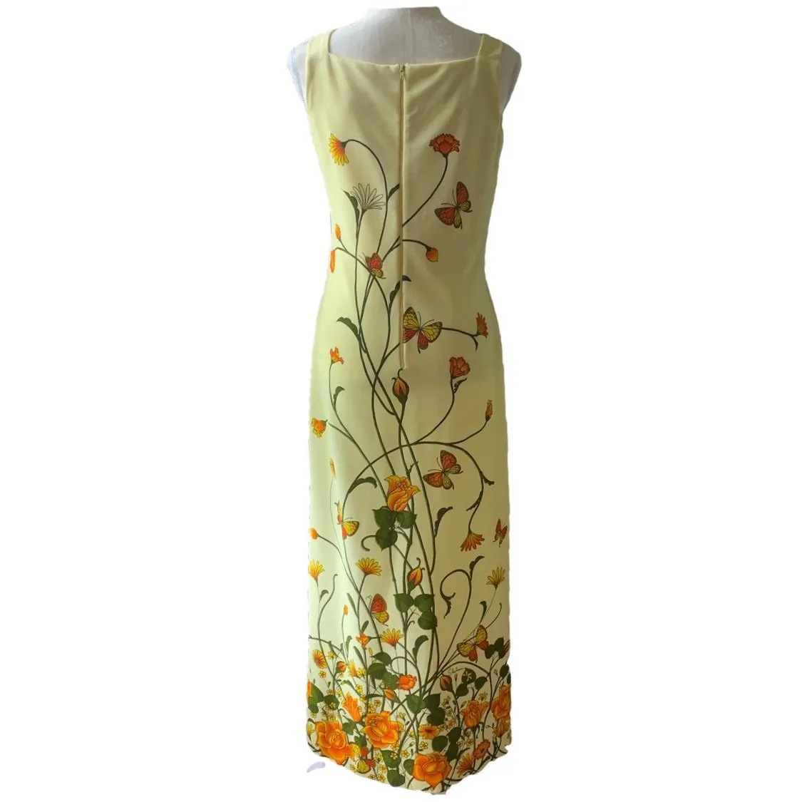 Vintage Shaheen Yellow Floral Maxi Dress with a Large Butterfly Flower Print. Perfect Summer Dress!