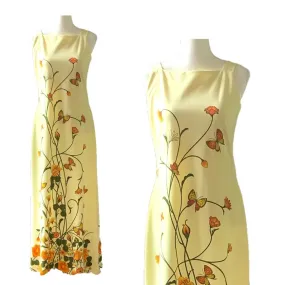 Vintage Shaheen Yellow Floral Maxi Dress with a Large Butterfly Flower Print. Perfect Summer Dress!