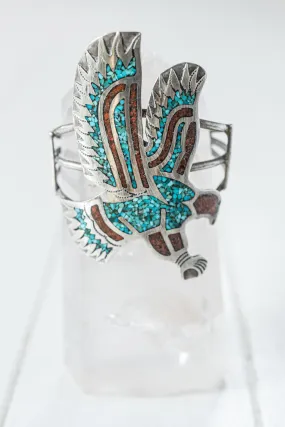 Vintage Silver Eagle Navajo Cuff with Turquoise & Coral