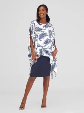 Vivo Alika Flounce Kaftan Top - White / Navy Siri Print