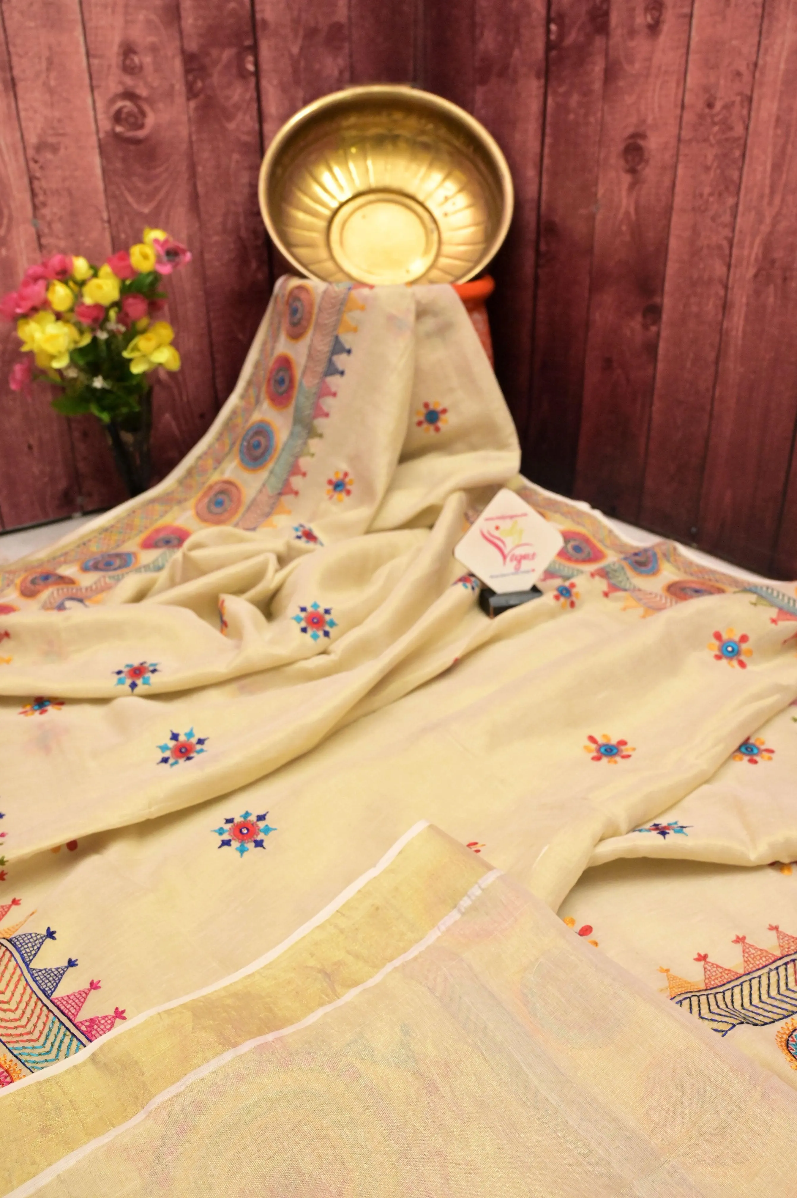 White and Gold Color Tissue Cotton Saree with Lambani Embroidery