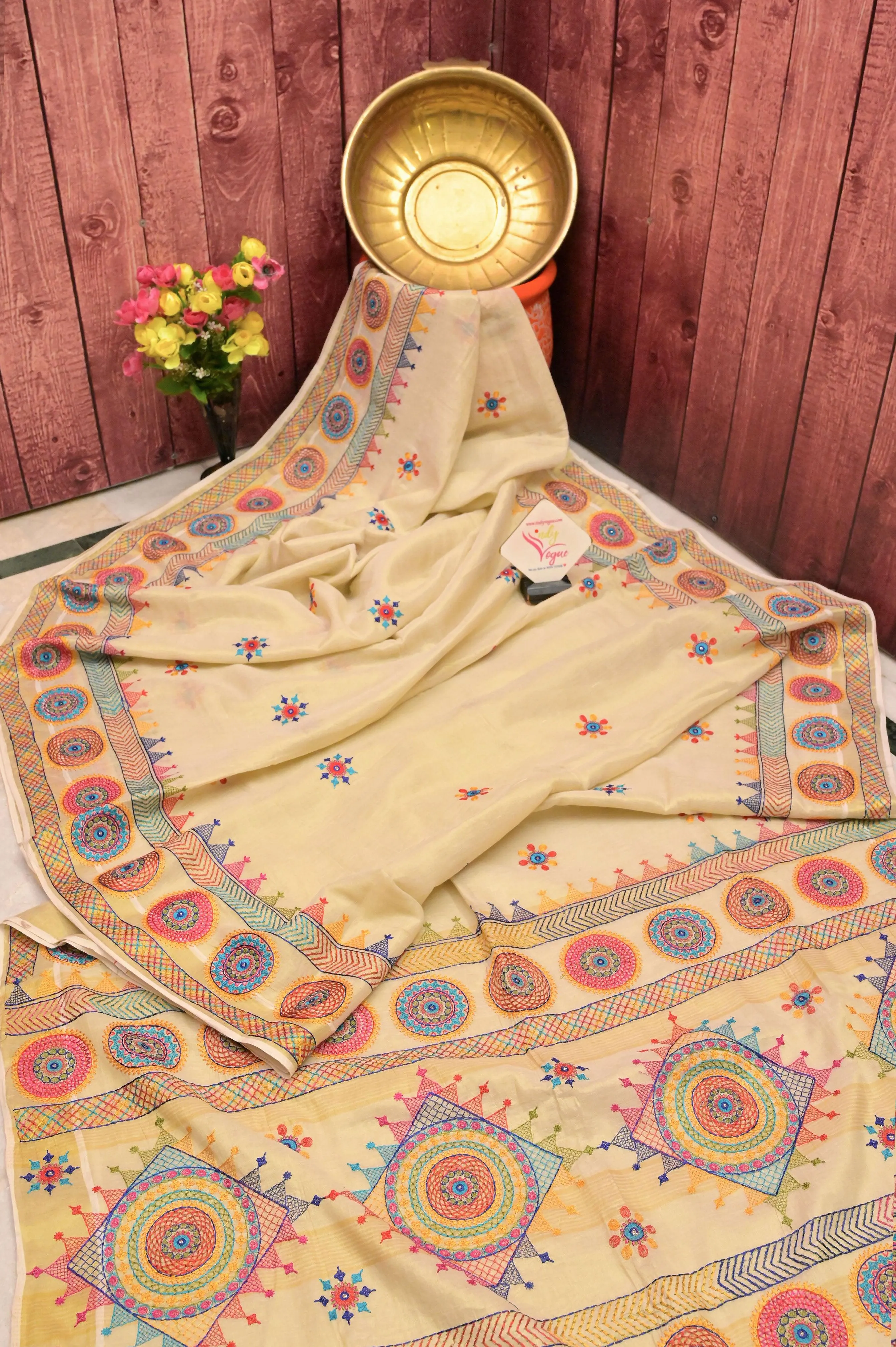 White and Gold Color Tissue Cotton Saree with Lambani Embroidery