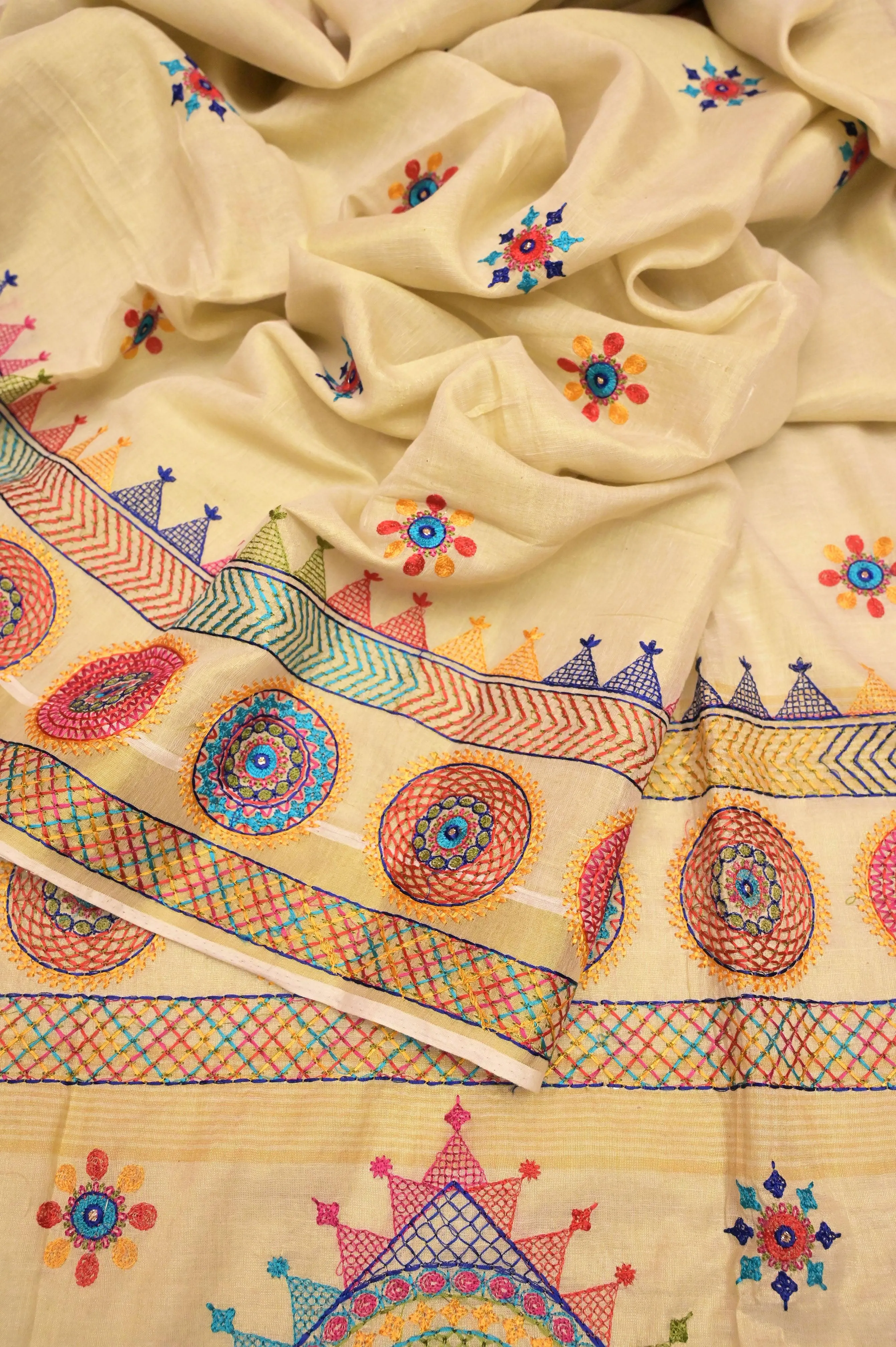 White and Gold Color Tissue Cotton Saree with Lambani Embroidery