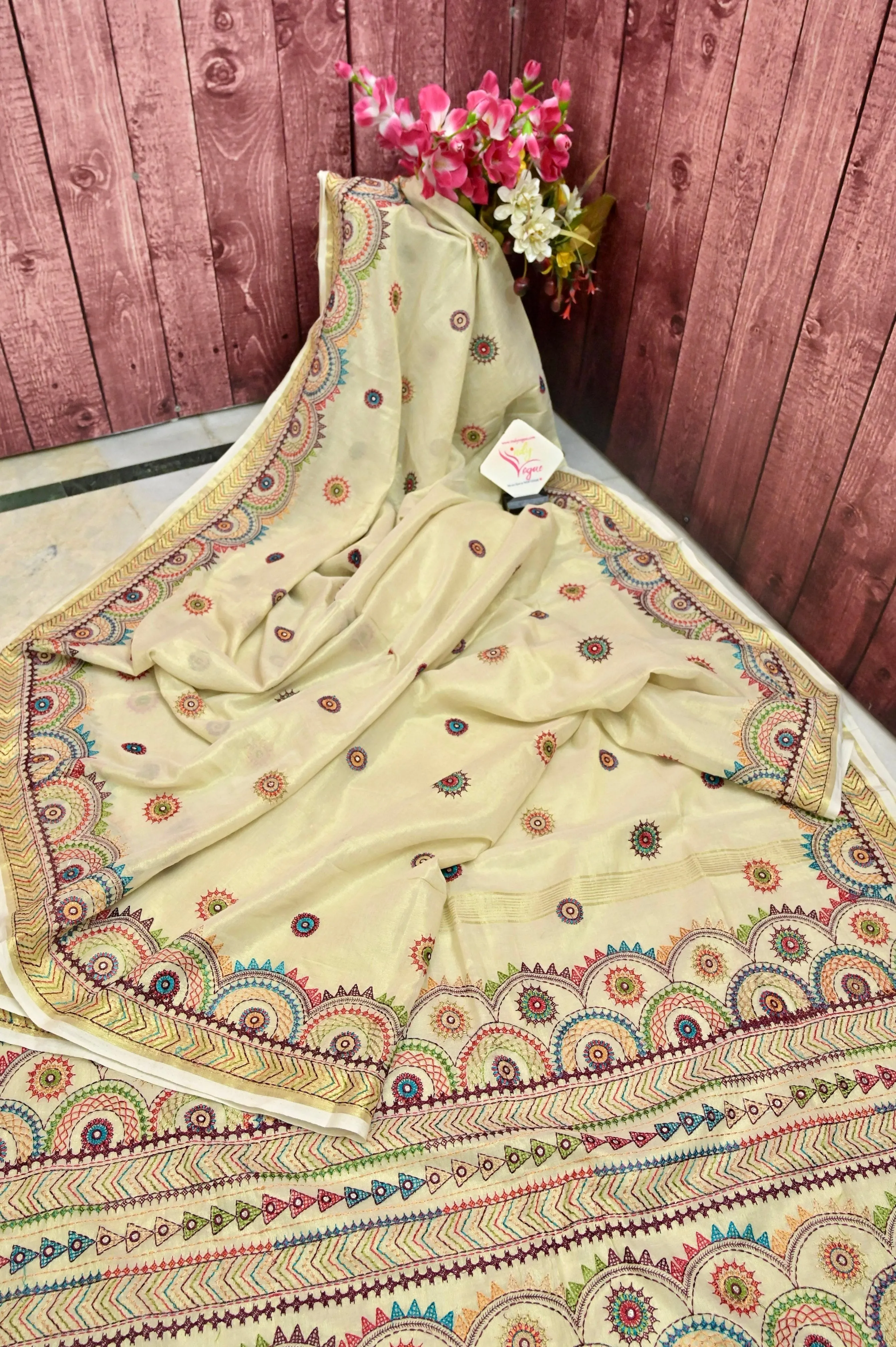 White and Golden Color Dual-Tone Handloom Tissue Saree with Lambani Embroidery