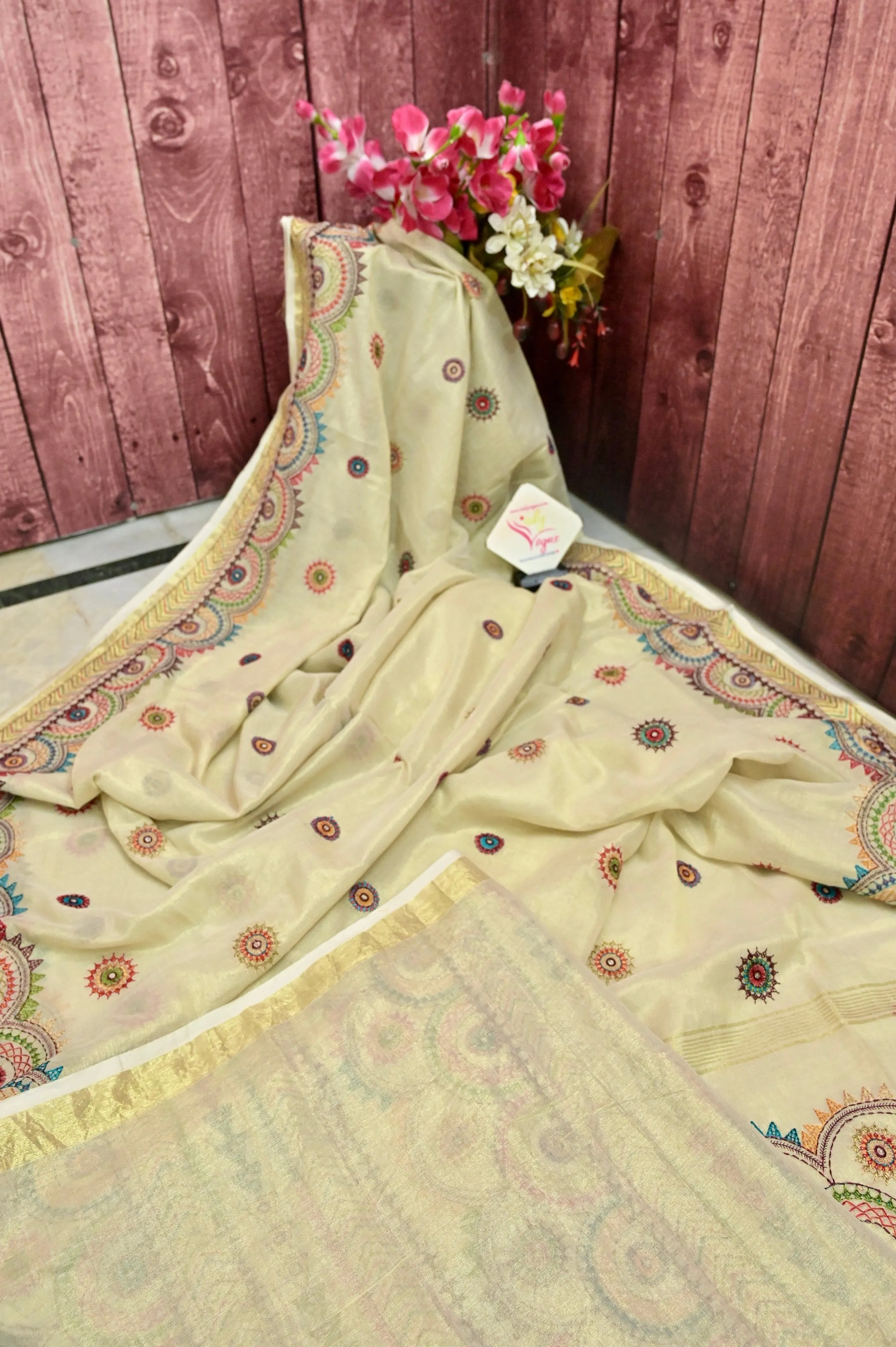 White and Golden Color Dual-Tone Handloom Tissue Saree with Lambani Embroidery