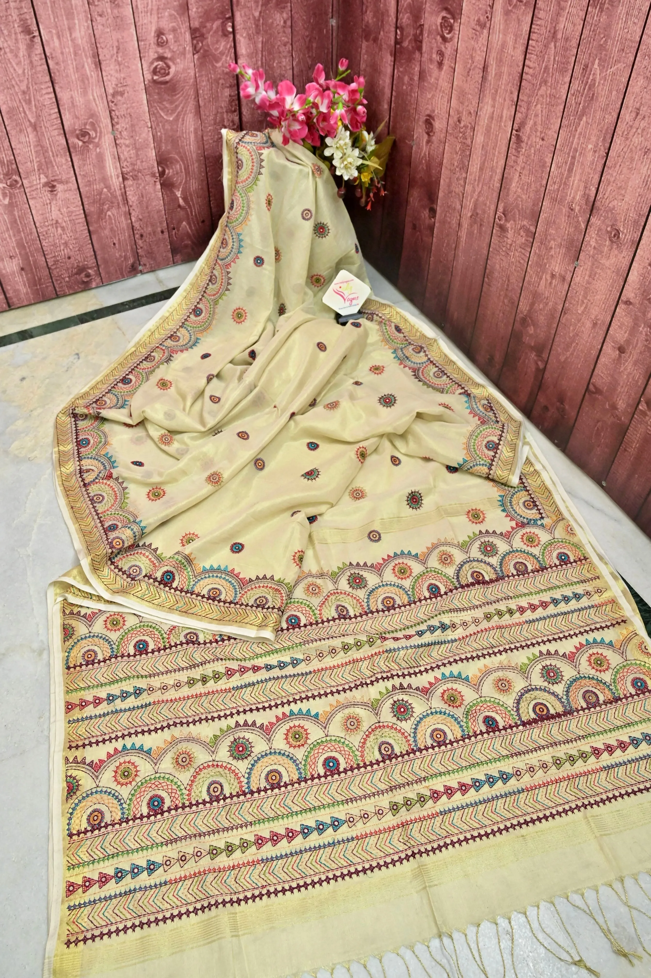 White and Golden Color Dual-Tone Handloom Tissue Saree with Lambani Embroidery