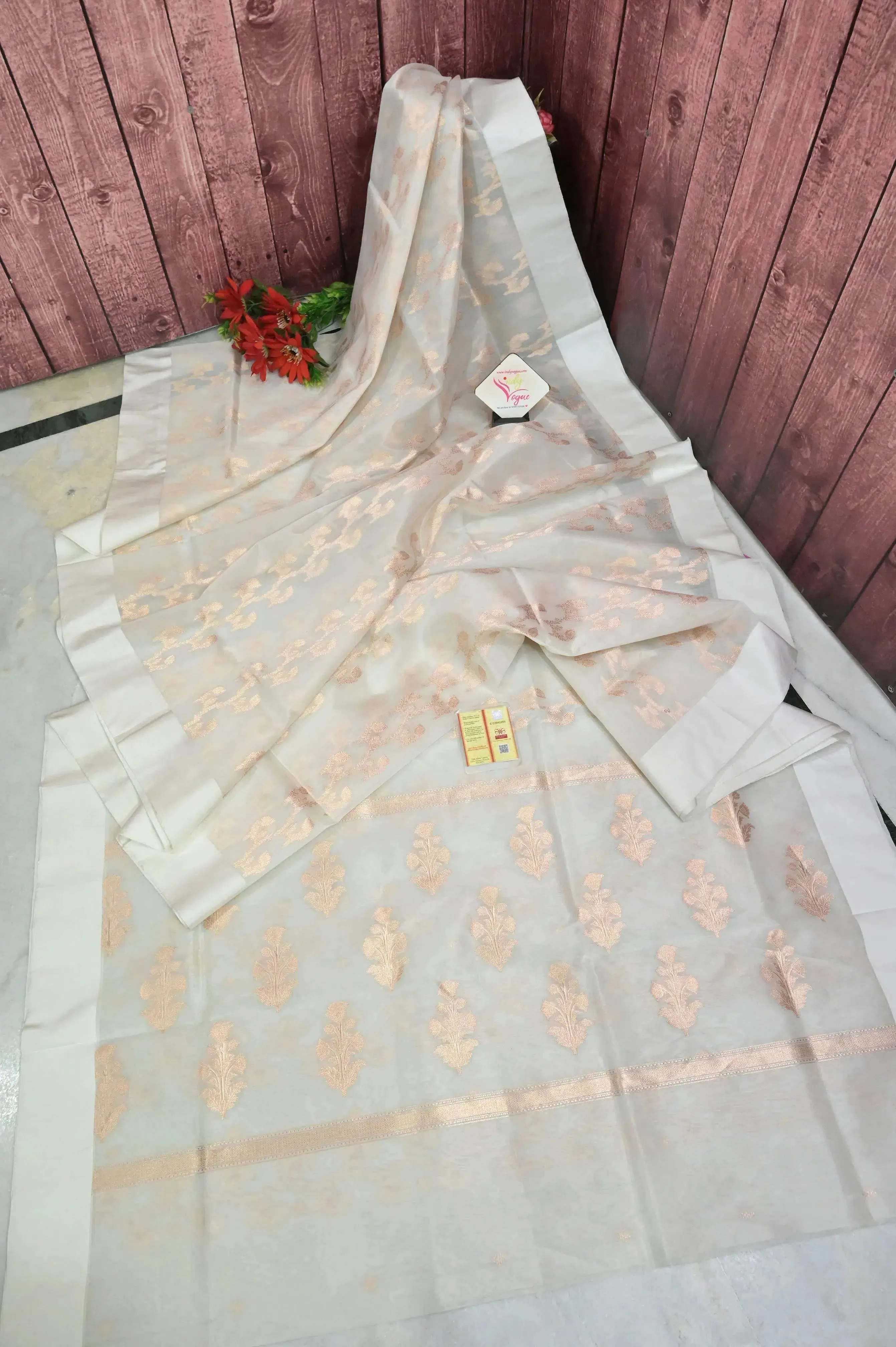 White Color Pure Organza Banarasi Saree with Allover Zari Weaving