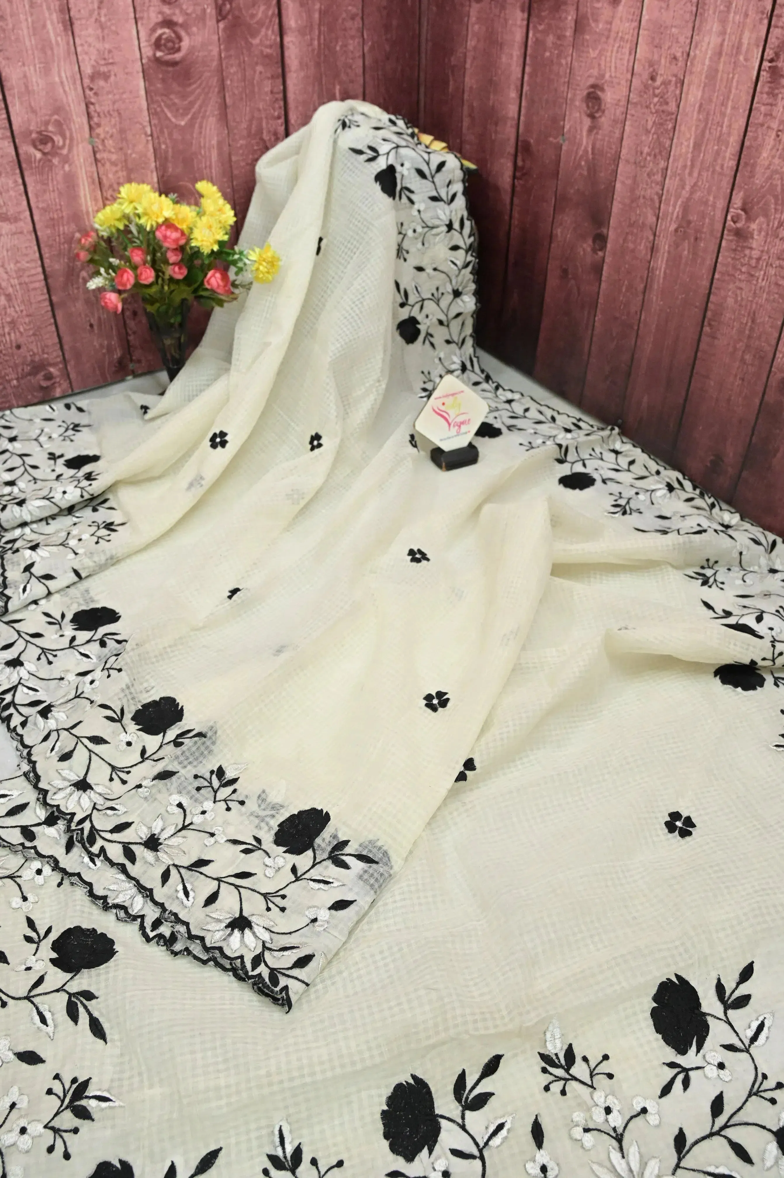 White Color Resham Kota Saree with Embroidery Work and Scallop Border