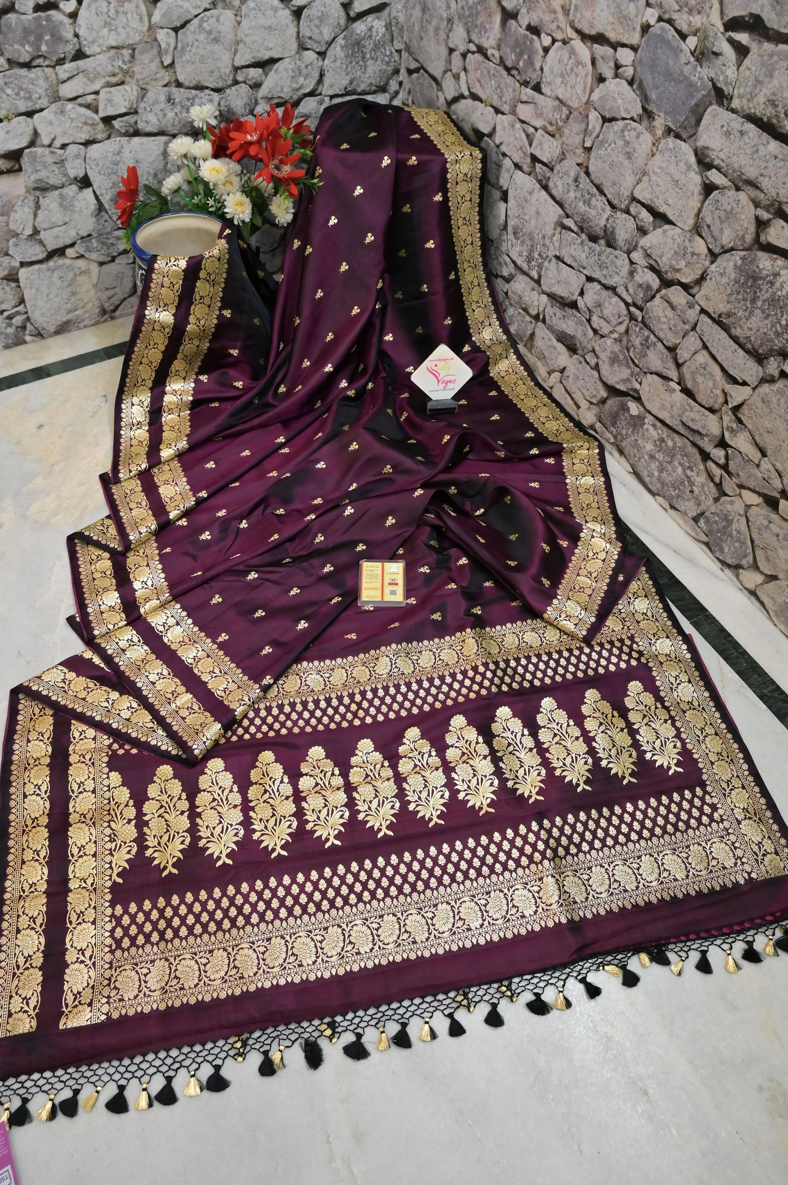 Wine Color Pure Mashru Banarasi Saree with Double Border