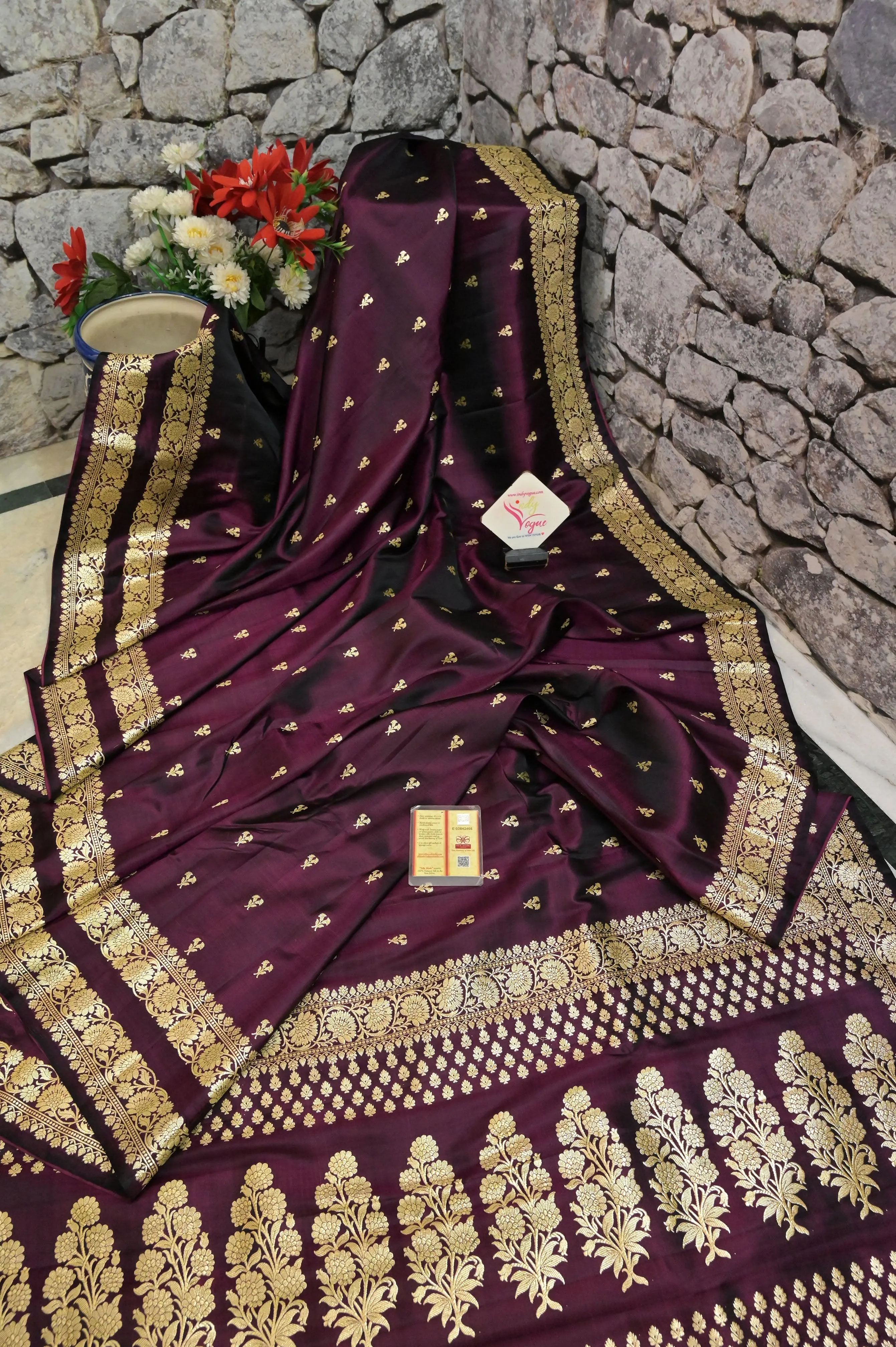 Wine Color Pure Mashru Banarasi Saree with Double Border