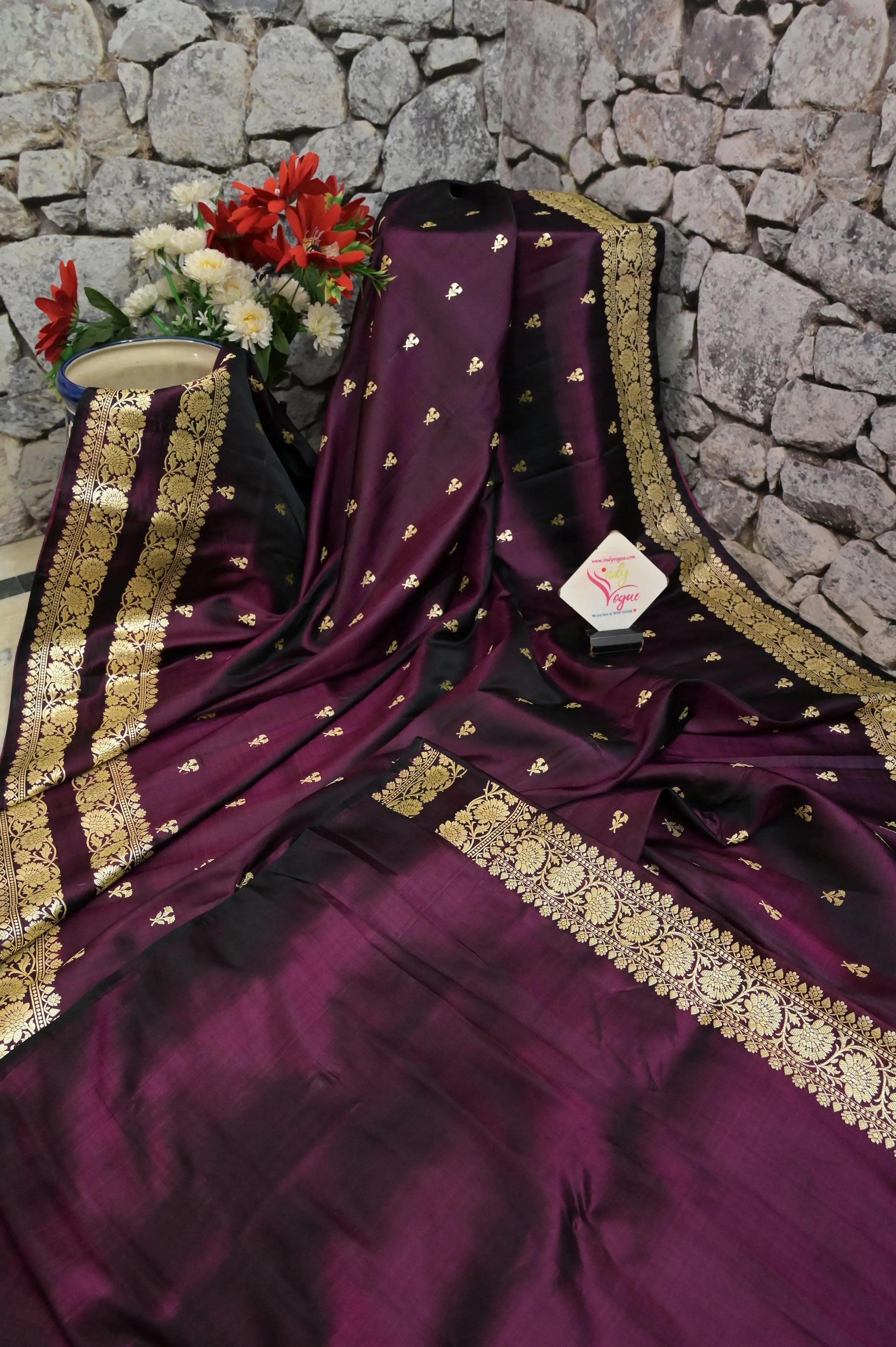 Wine Color Pure Mashru Banarasi Saree with Double Border