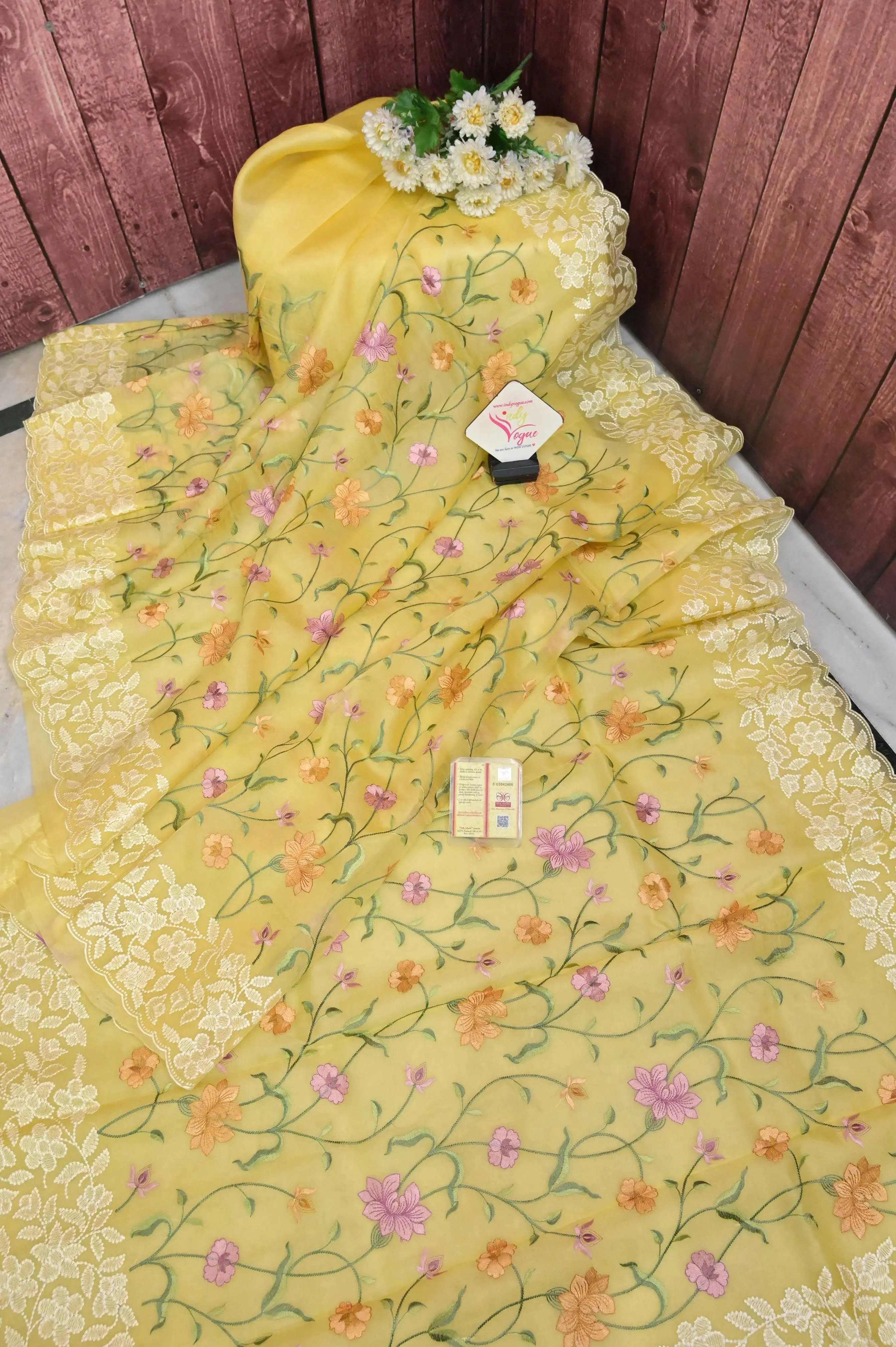 Yellow Color Pure Kora Organza Saree with Embroidery Work