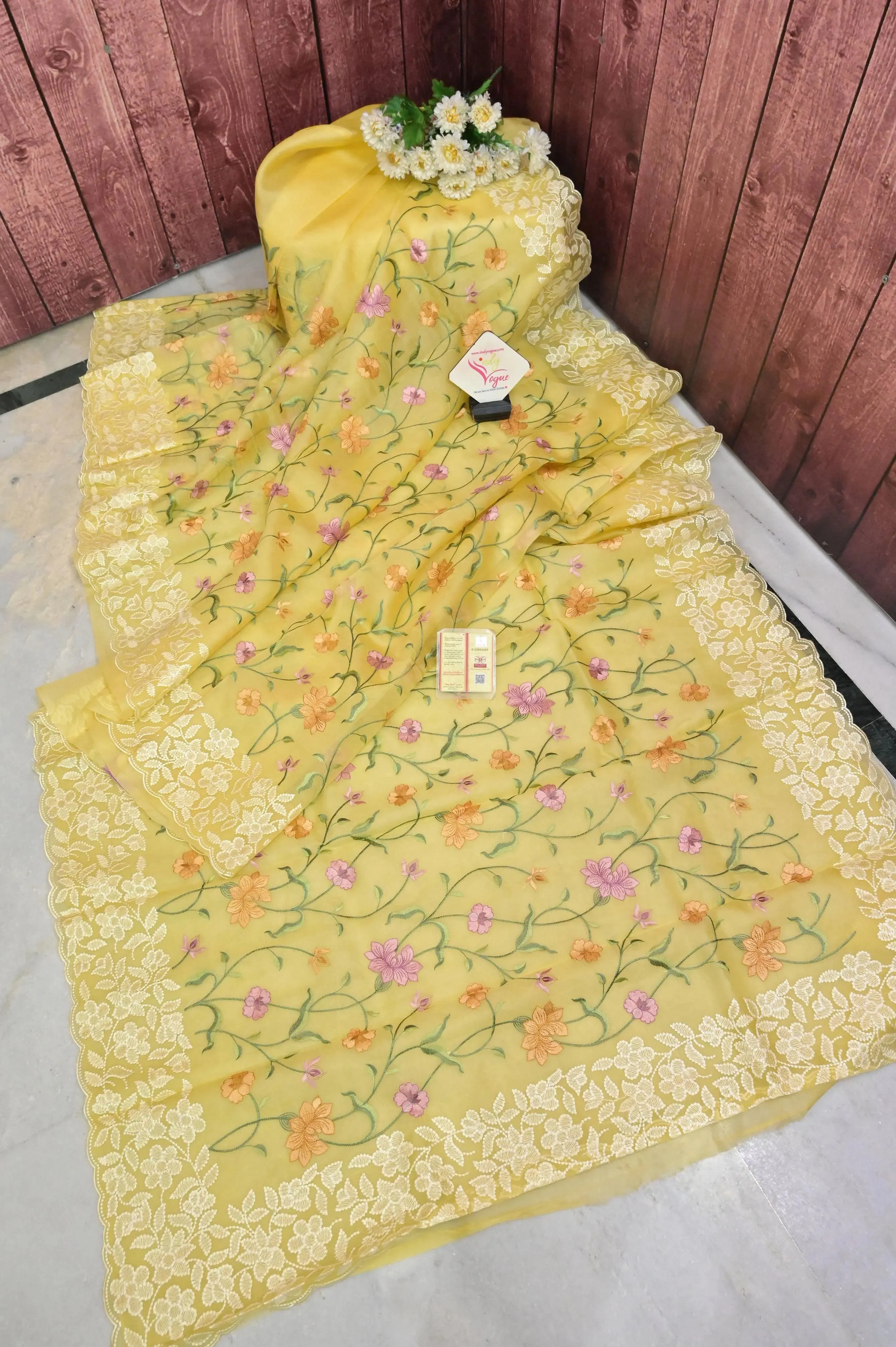 Yellow Color Pure Kora Organza Saree with Embroidery Work